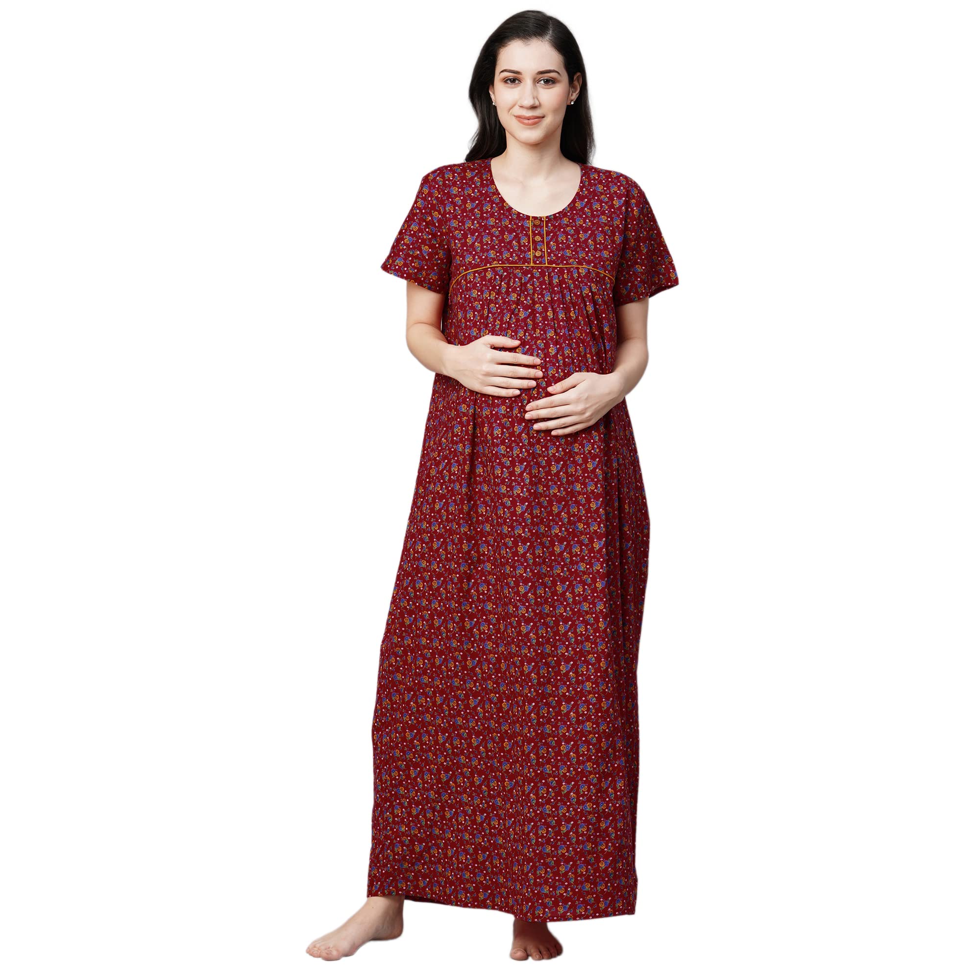 MomToBeWomen's Cotton Floral Printed Maternity Nighty/Feeding Nighty/Pregnancy Night Gown/A-Line Nursing Nighty with Zippers for Nursing Pre and Post Pregnancy, Crimson Red, Free Size