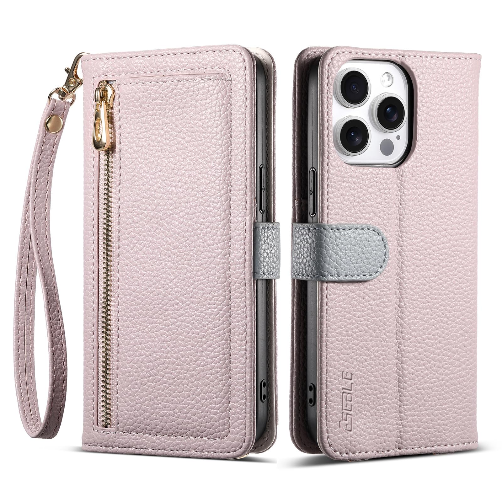 Zipper Wallet Case for iPhone 16 Pro Max 6.9 inch - 3 Card Slots, Litchi Pattern, Mirror & Crossbody Strap - Pink