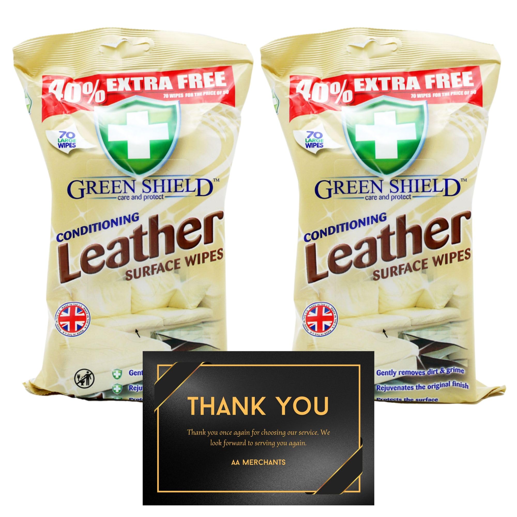 2 x Green Shield Leathers Conditioning Surface Wipes - (140 Large Wipes) | 40% Extra Free | 4-in-1 Formula for Leather Care | Gently Cleans, Moisturizes, and Protects Leather Surfaces