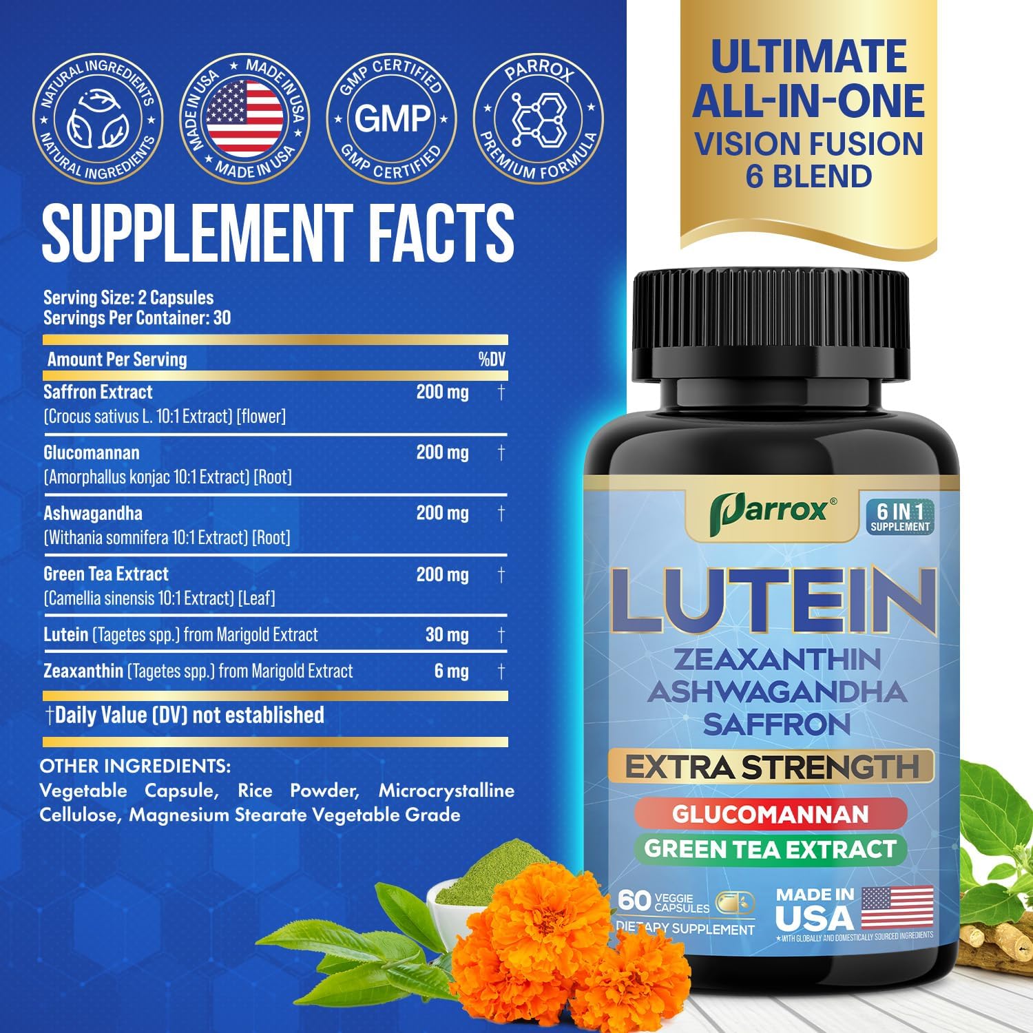 Lutein Supplement with Zeaxanthin, Ashwagandha, Saffron, Green Tea Extract, Glucomannan, Eye Vitamins for Adults, Vision Health Supplement, Plant-Based Formula for Daily Support (60 Caps) - Image 2