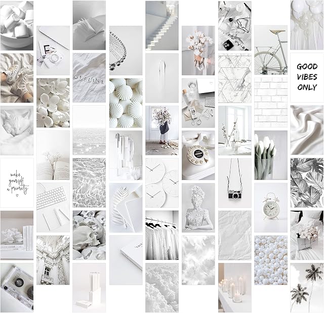 GROBRO7 50PCS Gery White Wall Collage Kit, Aesthetic Picture Indie Room Decor, Art Posters for Dorm Wall Decor, Wall Art Prints for VSCO Girls Boys, Aesthetic Photo Display, Bedroom Decor