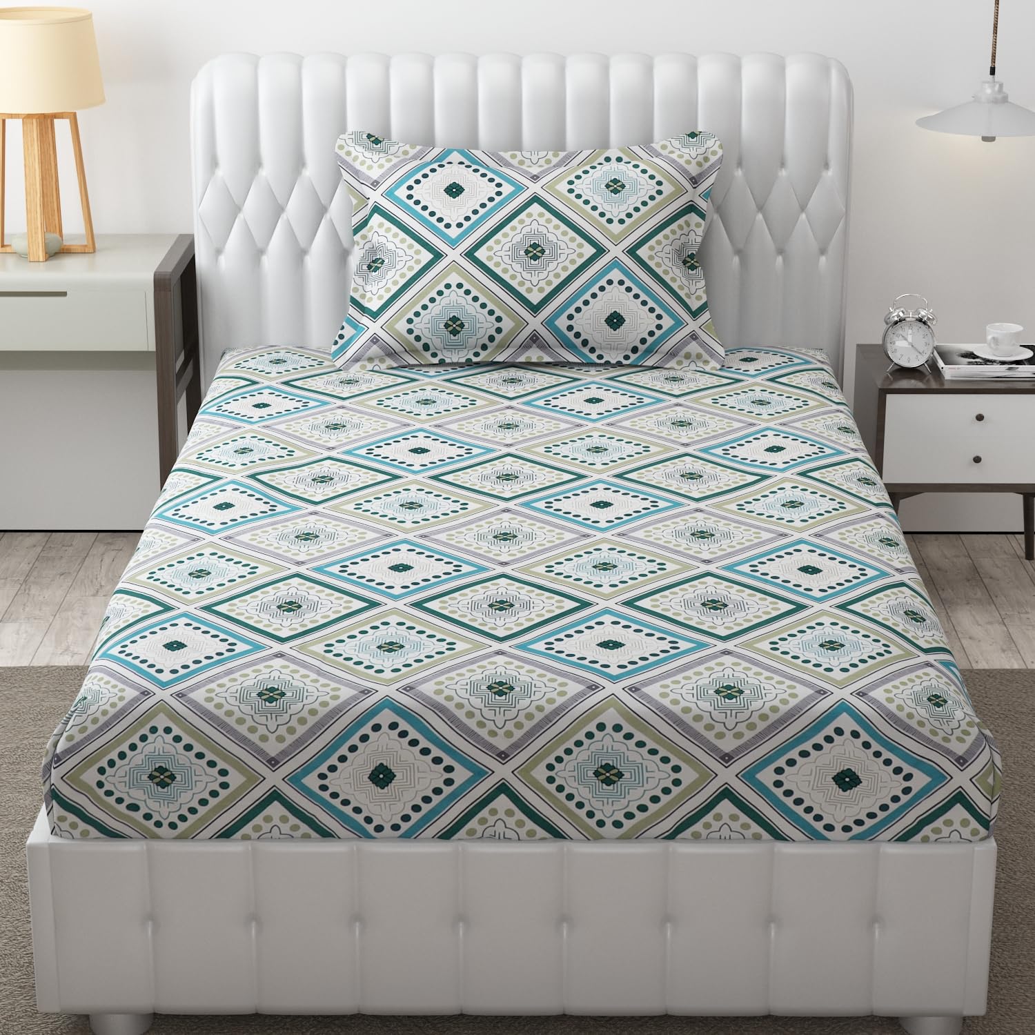 250 TC Premium Cotton Single Bedsheet with 1 Pillow Cover | 1 Single Size Bed Spread 60 x 90 Inches | 1 Pillow Cover 18 x 28 Inches | White Green-image-44