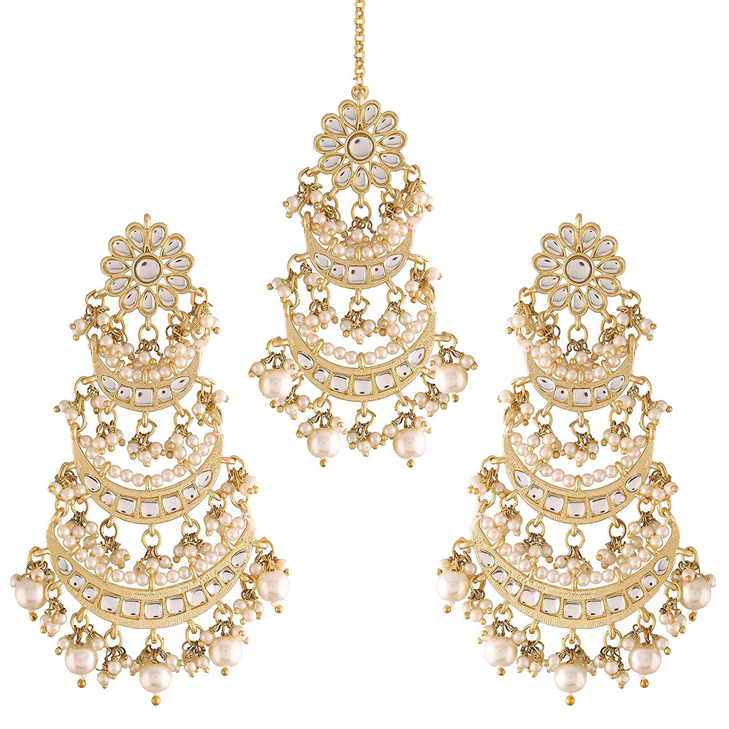 Peora Gold Plated Kundan Pearl Long Dangle Chandbali Earring Maang Tikka Jewellery Set for Women Girls (B09F9C2BBX) Amazon Price History, Amazon Price Tracker