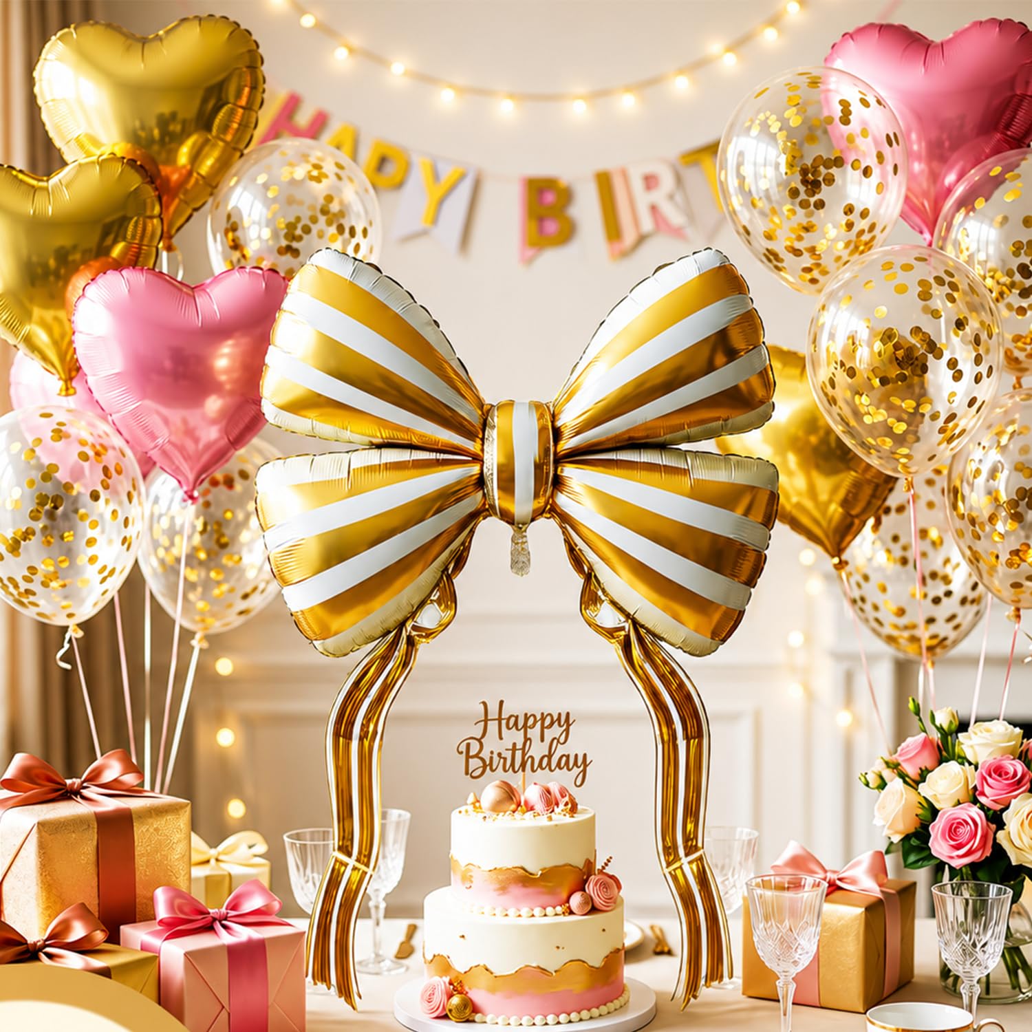 Atpata Funky Metallic Gold Stripe Bow Balloon Set for Birthday Party Decoration | Elegant Foil Bow Decoration Kit for Anniversary, Baby Shower & Celebration-image-29