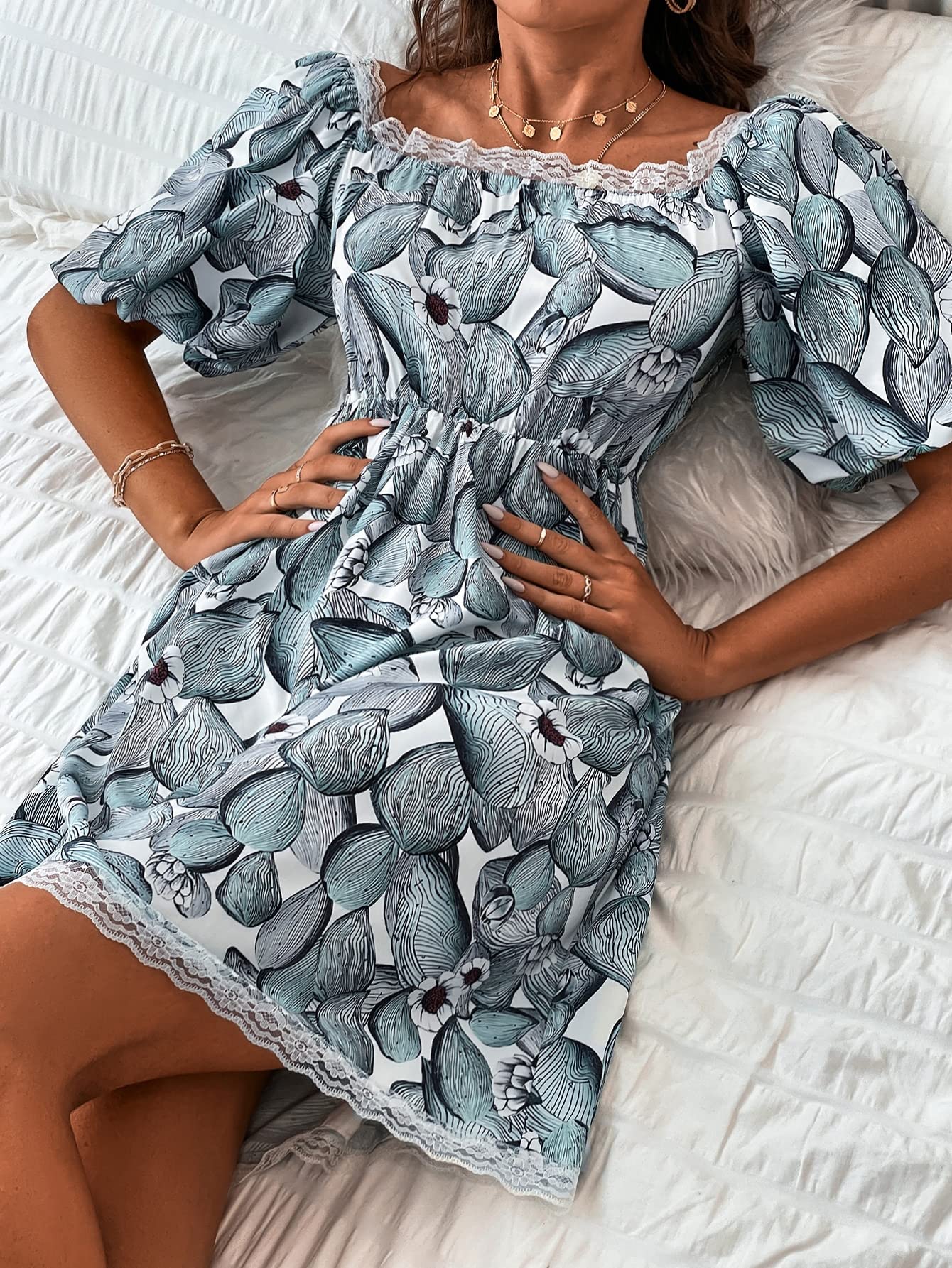 VENBER Vestidos largos casuales para mujer Random Cactus Print Shirred Back Lace Trim Dress (Size : M)