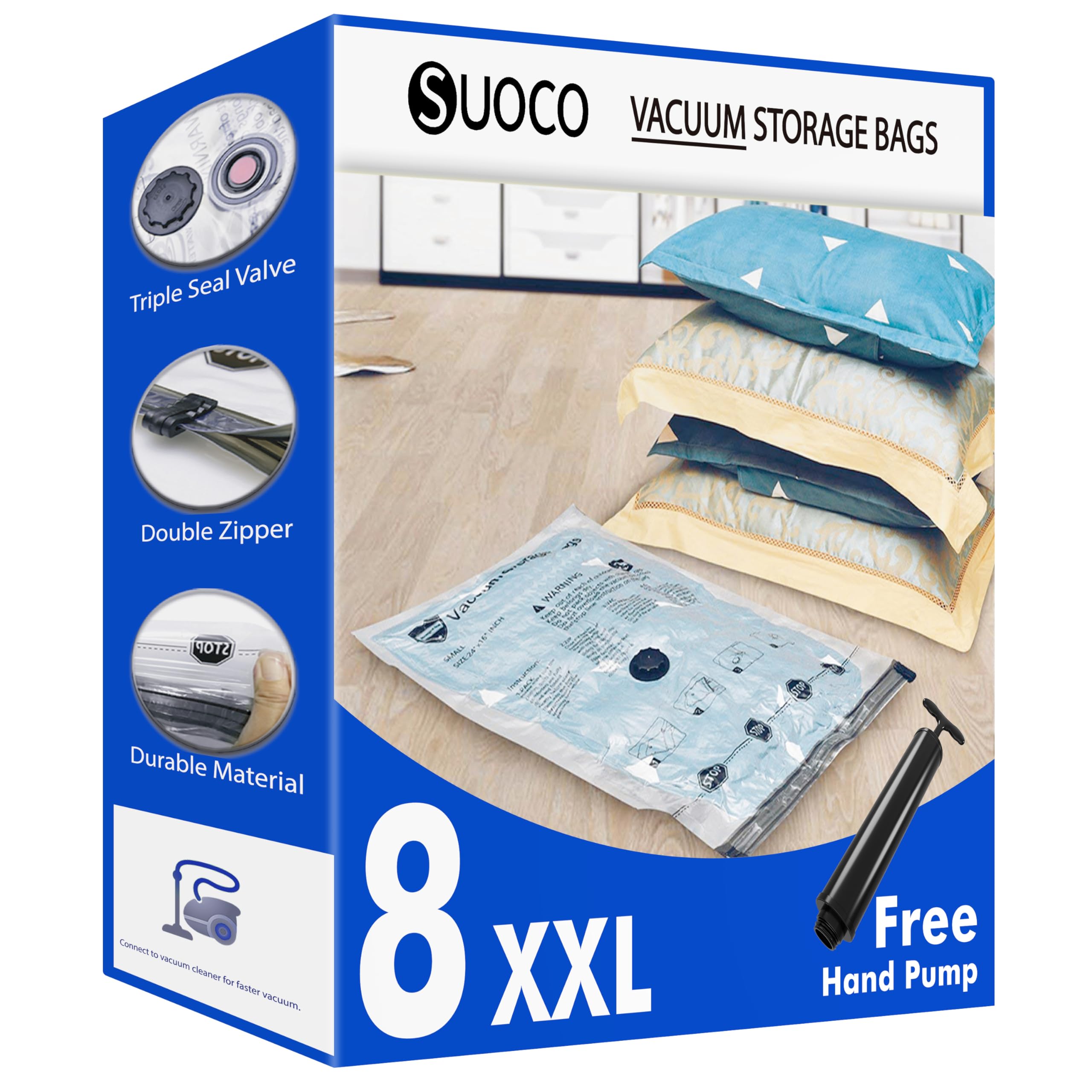 SUOCO Sacchetti Sottovuoto Vestiti con Pompa Manuale, 8 XXL, Buste Salvaspazio per Piumoni, Coperte e Vestiti, Ideali per Viaggi e Casa