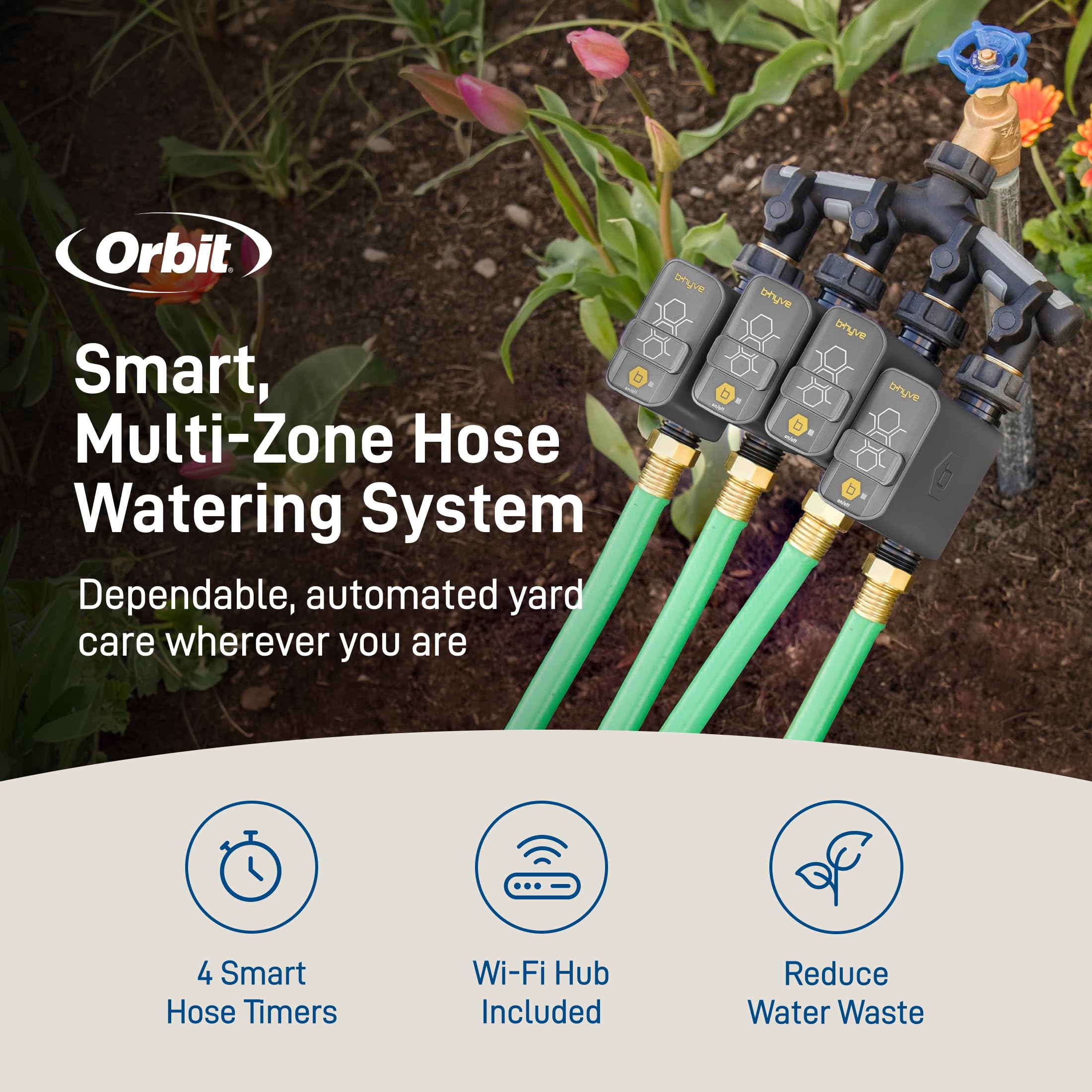 Orbit 21207 B-hyve Gen 2 Smart Hose Irrigazione Timer, confezione da 4 con hub Wi-Fi e collettore a 4 porte