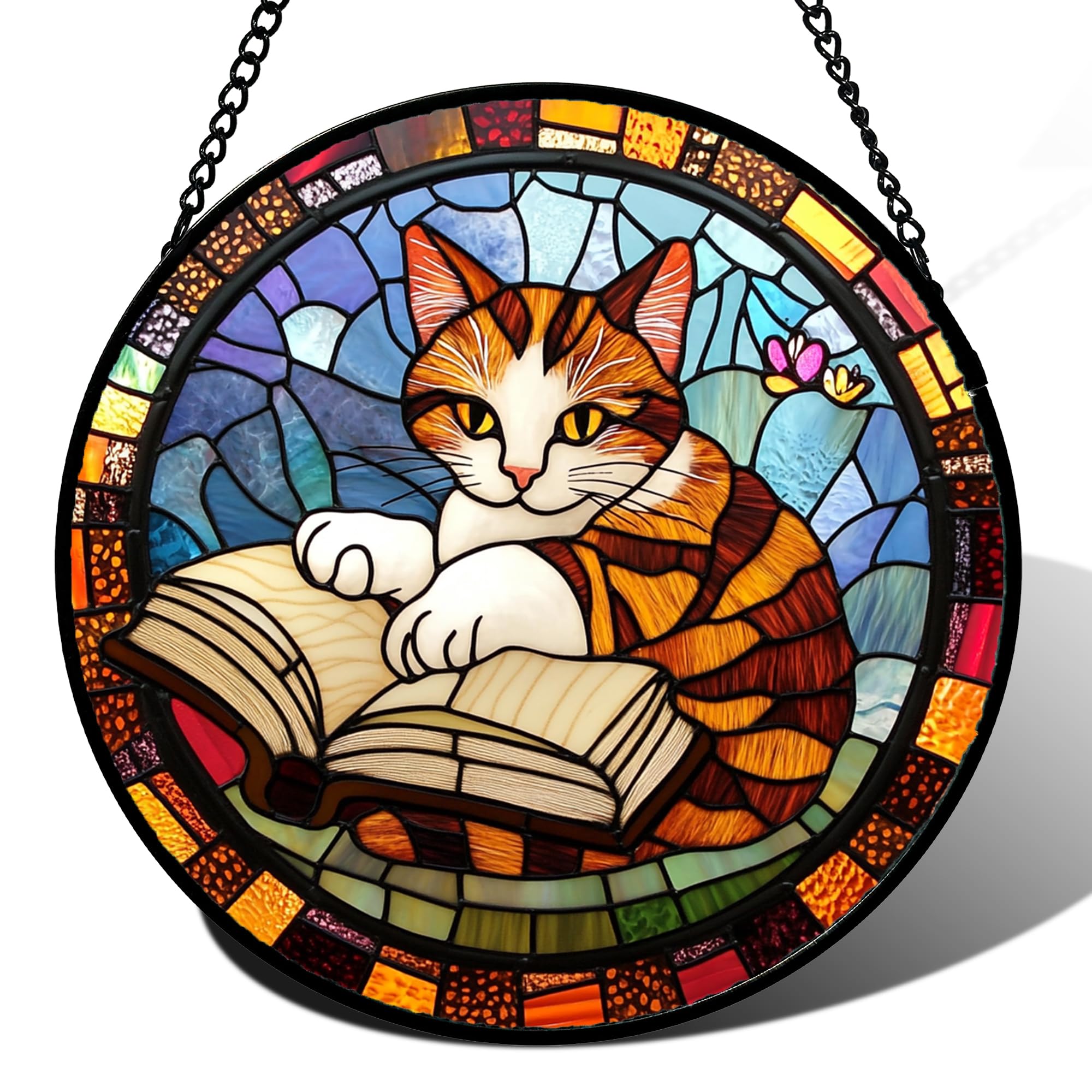 Bookish Cat Stained Glass Window Hanging Suncatcher Gifts for Women 9.8"