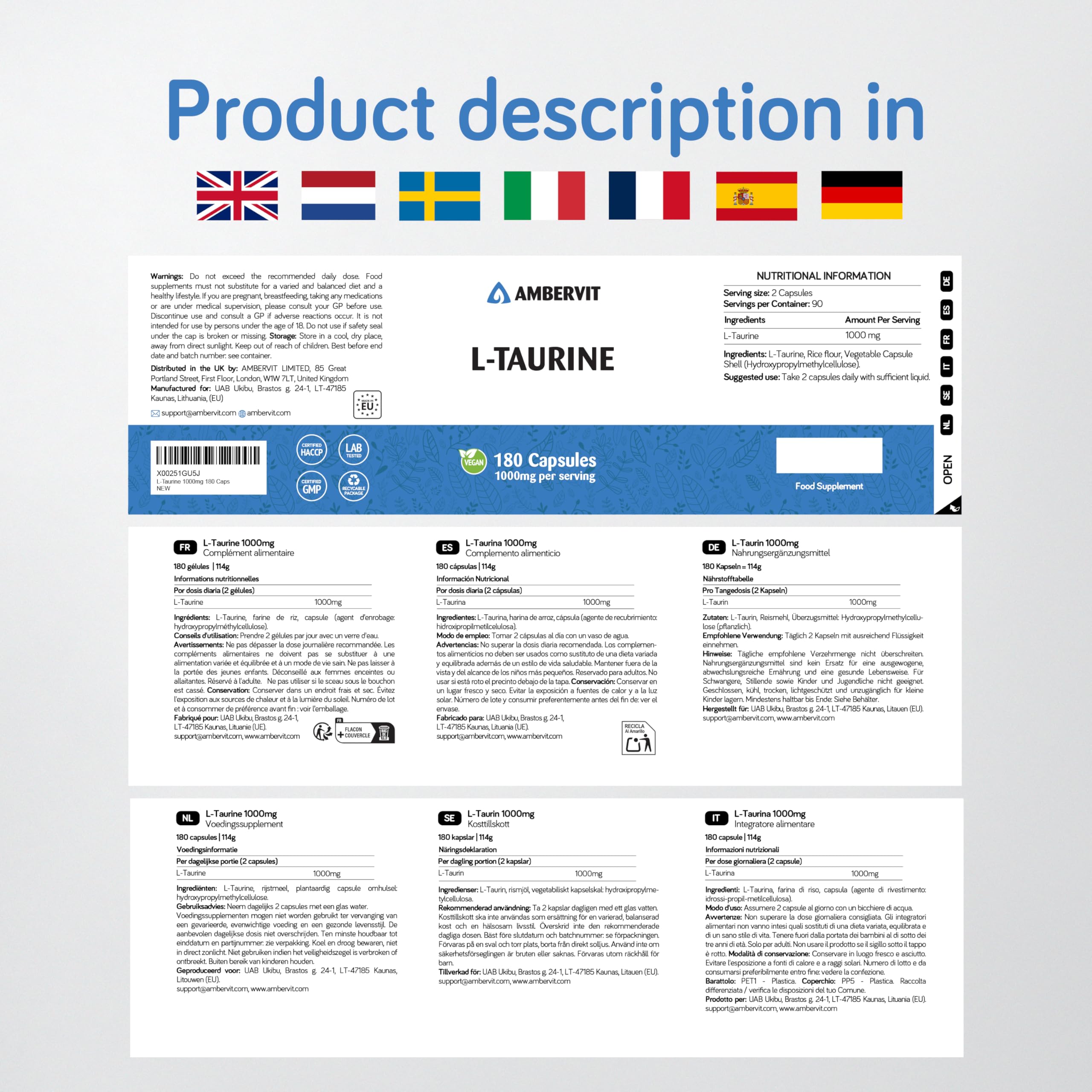 Taurina Integratore 1000 mg – 180 capsule – Scorta per 3 mesi - Aminoacido Vegano, Facile da Ingerire, Alto Dosaggio e Senza Riempitivi Artificiali | Senza Allergeni e Senza Glutine | Ambervit