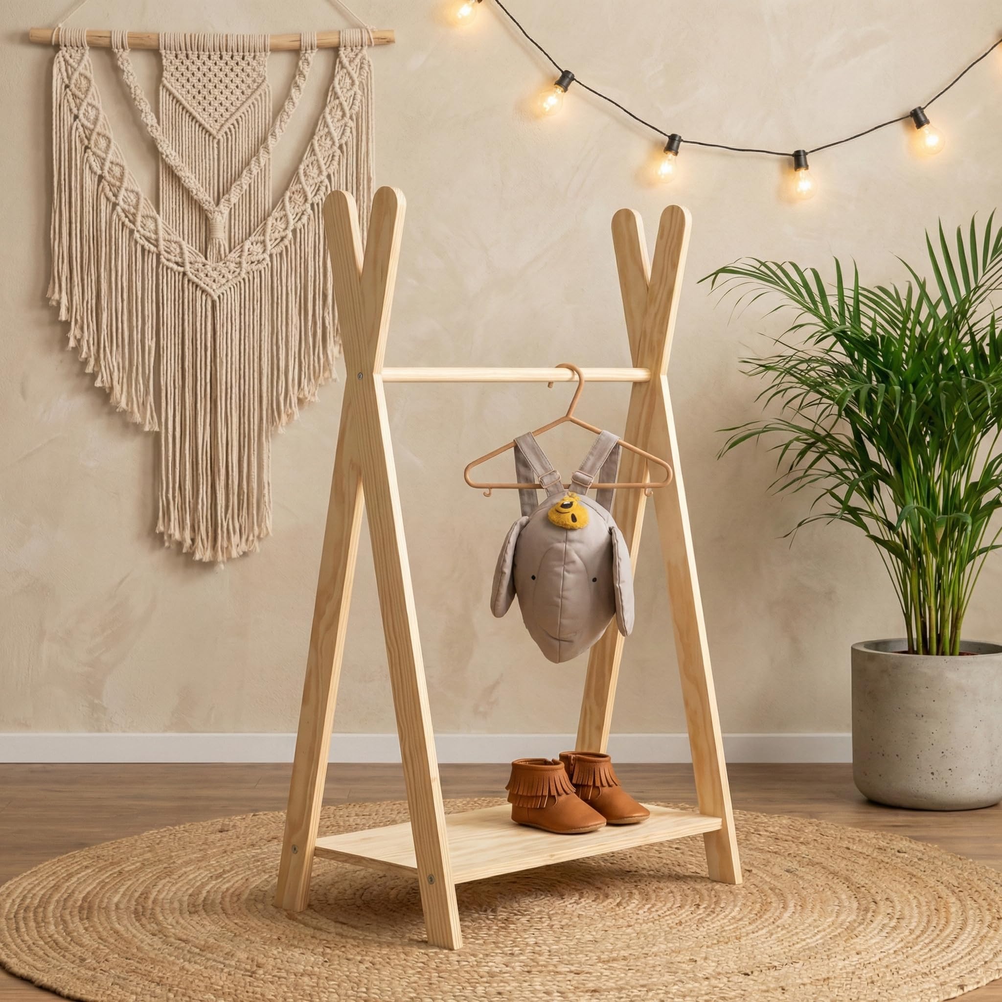 Perchero de Pie TIPI M 97x63x36 cm Burro Ropa Montessori Contrachapado de Pino FSC Barra para Ropa Estante Capacidad de Carga 30 kg