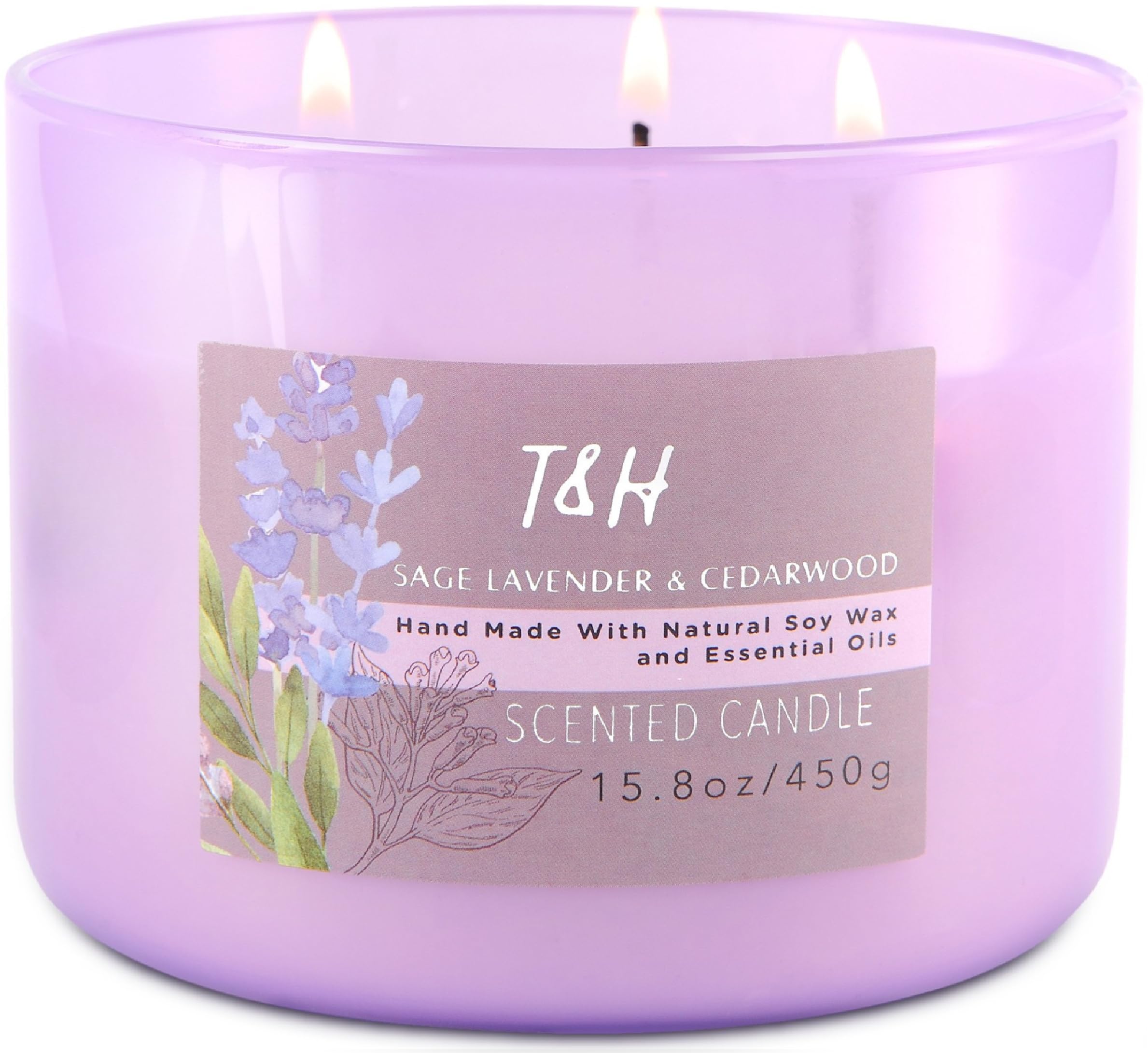 Sage Lavender Cedarwood 3-Wick Candle – Highly Scented Aromatherapy Soy Candle 15.8 oz – Long Lasting Clean Burn - Relaxing Candles for Home