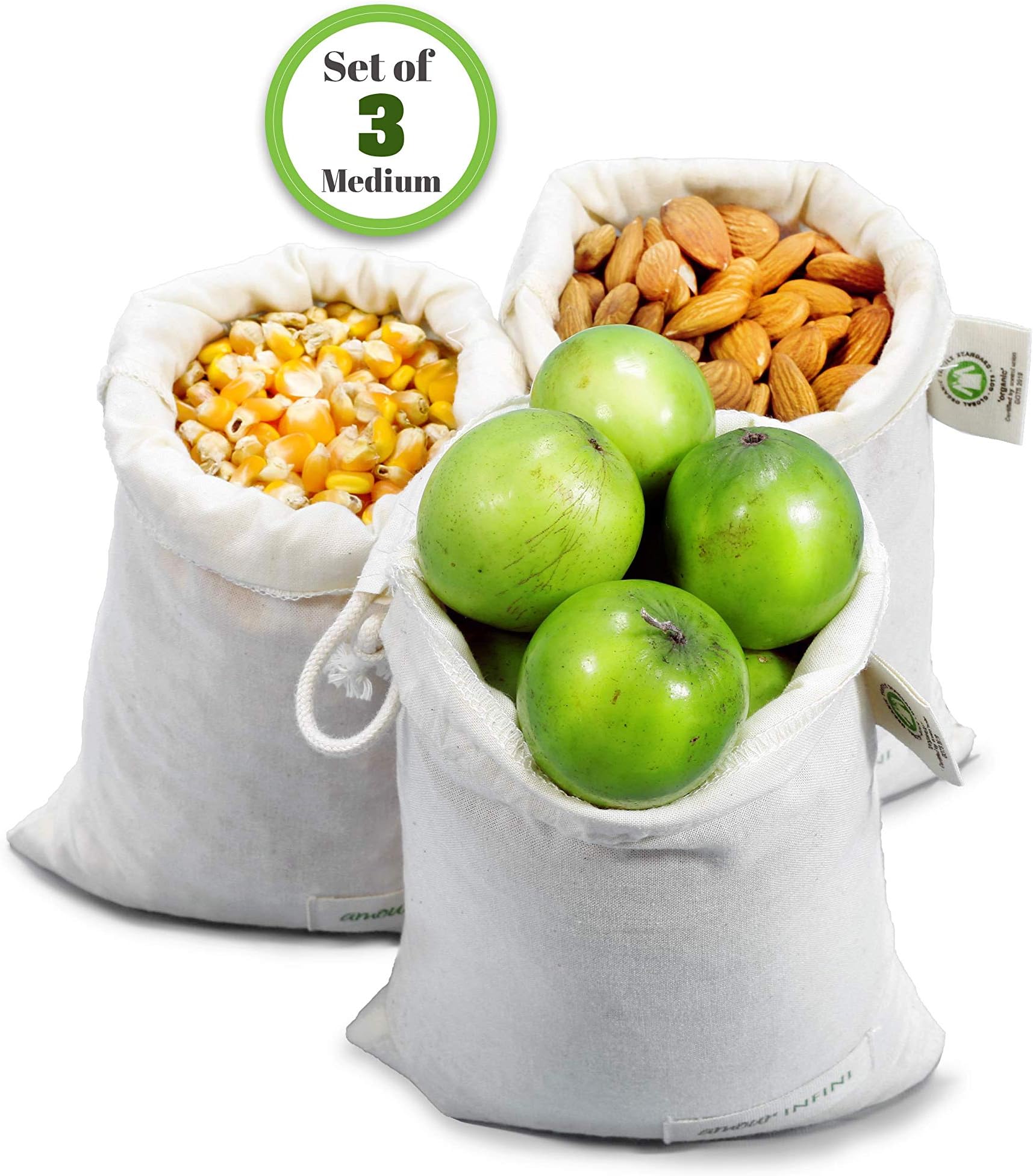 Amour Infini Reusable Organic Produce Bag |100% Organic Cotton Unbleached |Muslin Bags for Grocery| Tare Weight tag, Double Stitched with Drawstring | Washable | GOTS Certified Medium Beige