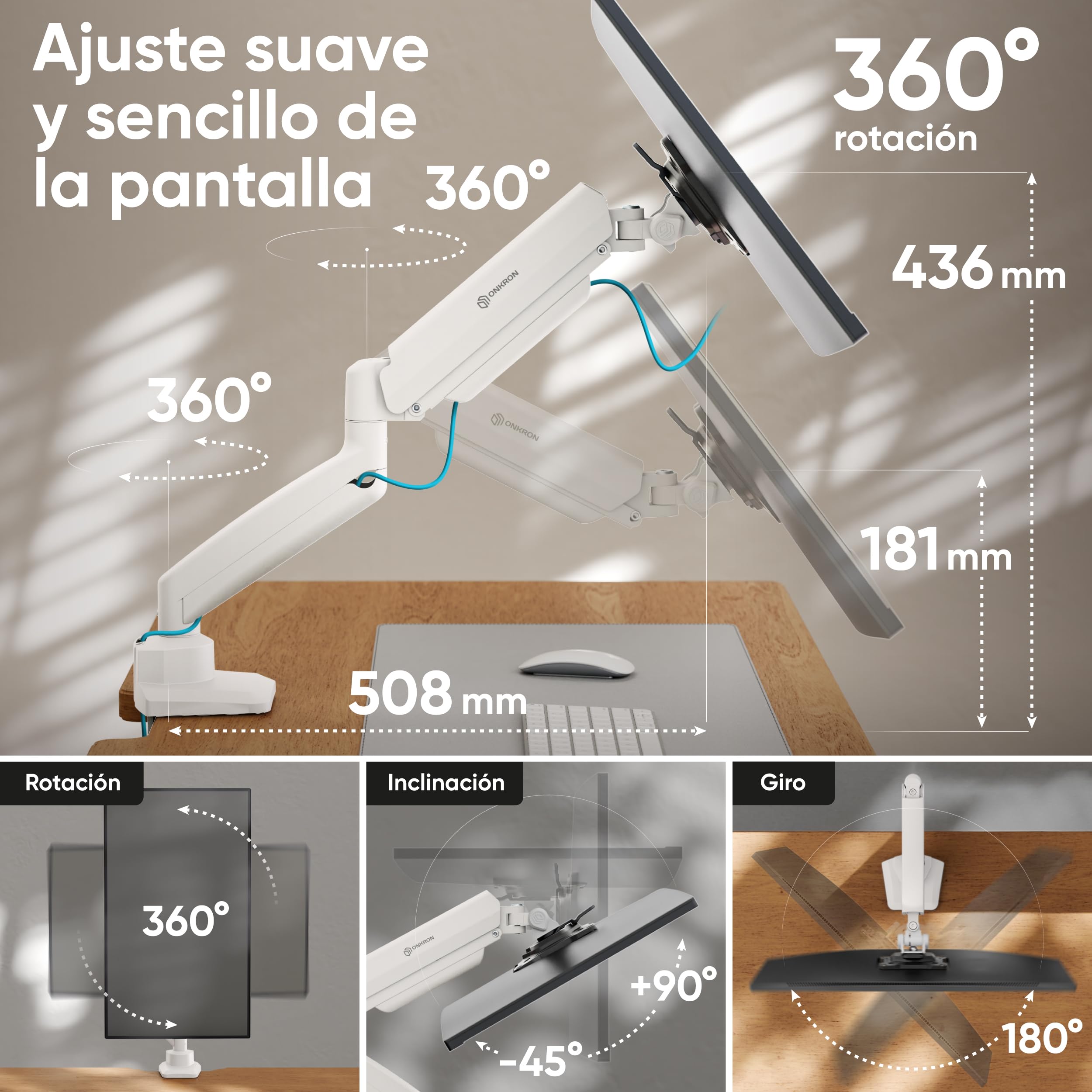 ONKRON Soporte Monitor Escritorio 13"-32", 10 kg, máx VESA 100x100, G80-BW | Brazo monitor blanco, altura ajustable, giratorio 180°, inclinable, rotación completa; para oficina y setup gaming