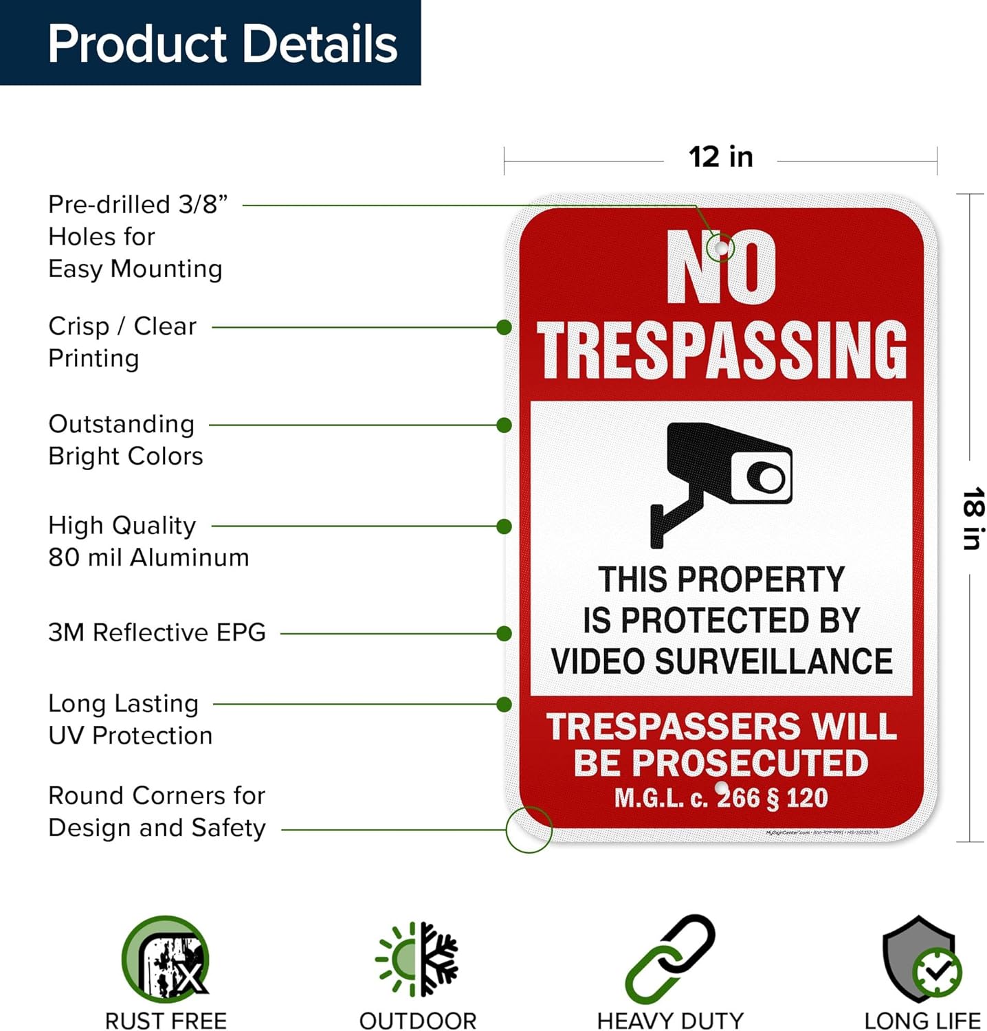 Massachusetts No Trespassing This Property is Protected by Video Surveillance Sign, 12x18 Inches, 3M EGP Reflective .063 Aluminum, Fade Resistant, Made in USA by My Sign Center