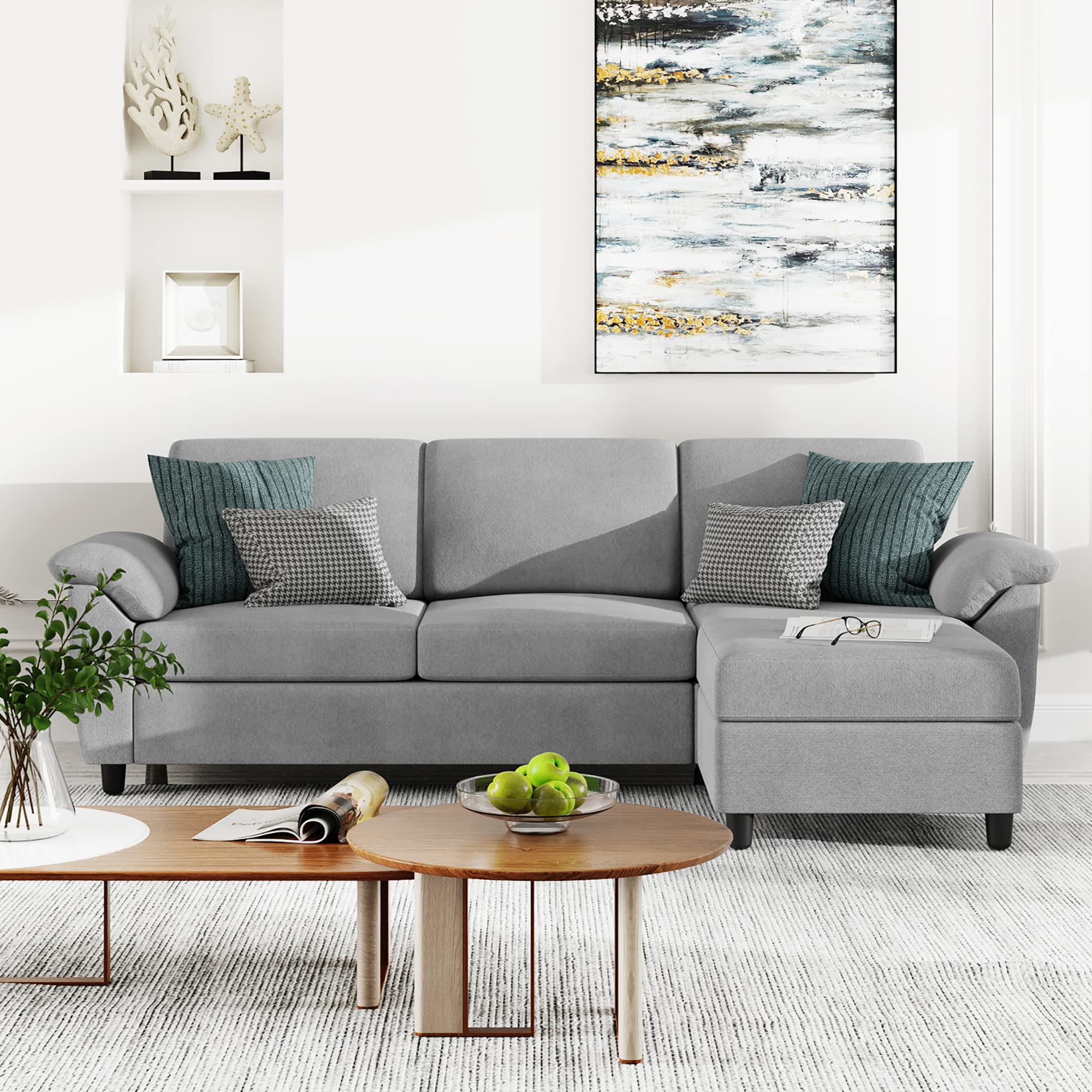 Vongrasig 79" Convertible Sectional Sofa Couch, 3 Seat L Shaped Sofa with Removable Pillows Linen Fabric Small Couch Mid Century for Living Room, Apartment and Office (Light Gray)