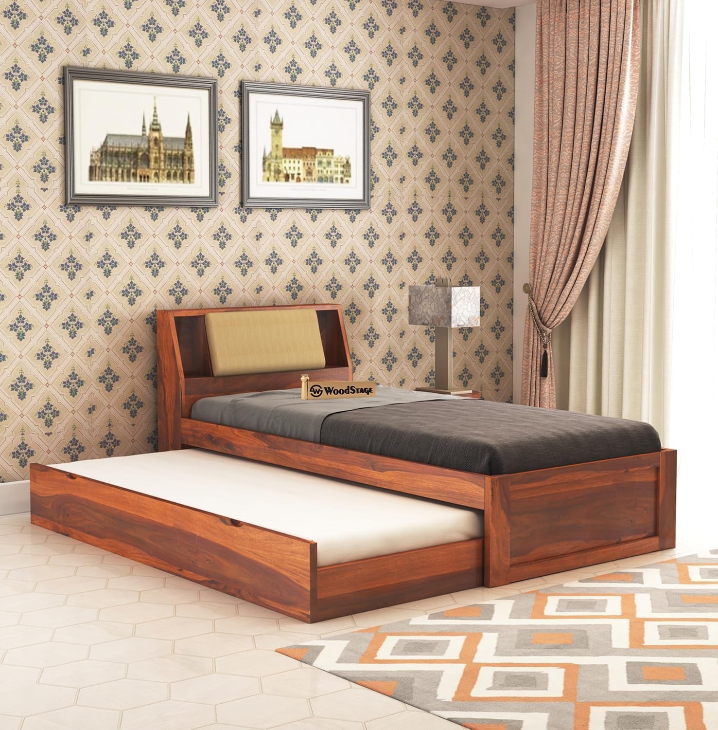 WOODSTAGE Solid Sheesham Wood Single Size Trundle Bed with 1 Extra Pullout Wooden Single Cum Double Bed for Bedroom Home Living Room (Honey Finish)-image-36