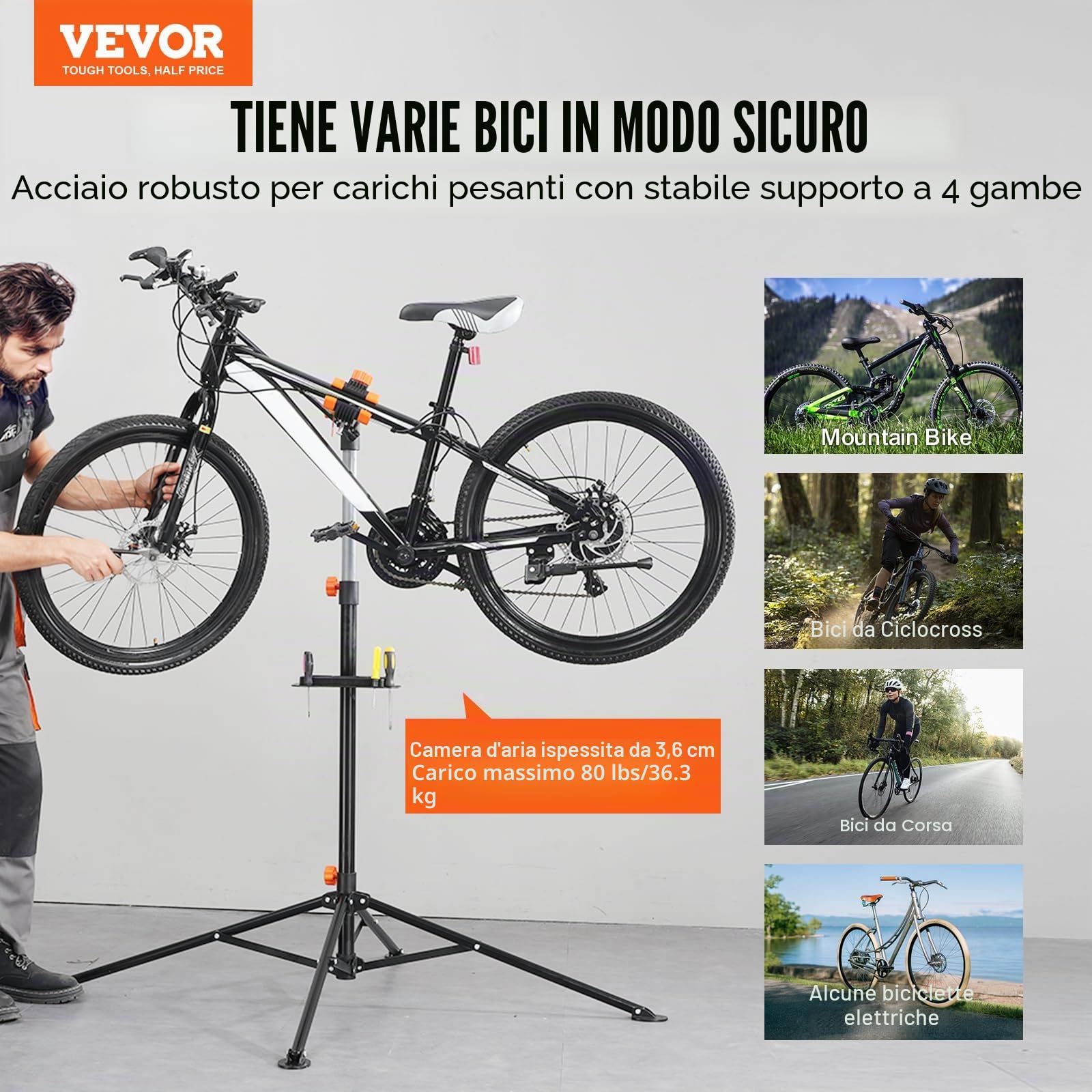 VEVOR Cavalletto di riparazione per biciclette, supporto di montaggio, 36,3 kg, 1079,5 – 1900 mm, altezza regolabile, quattro gambe