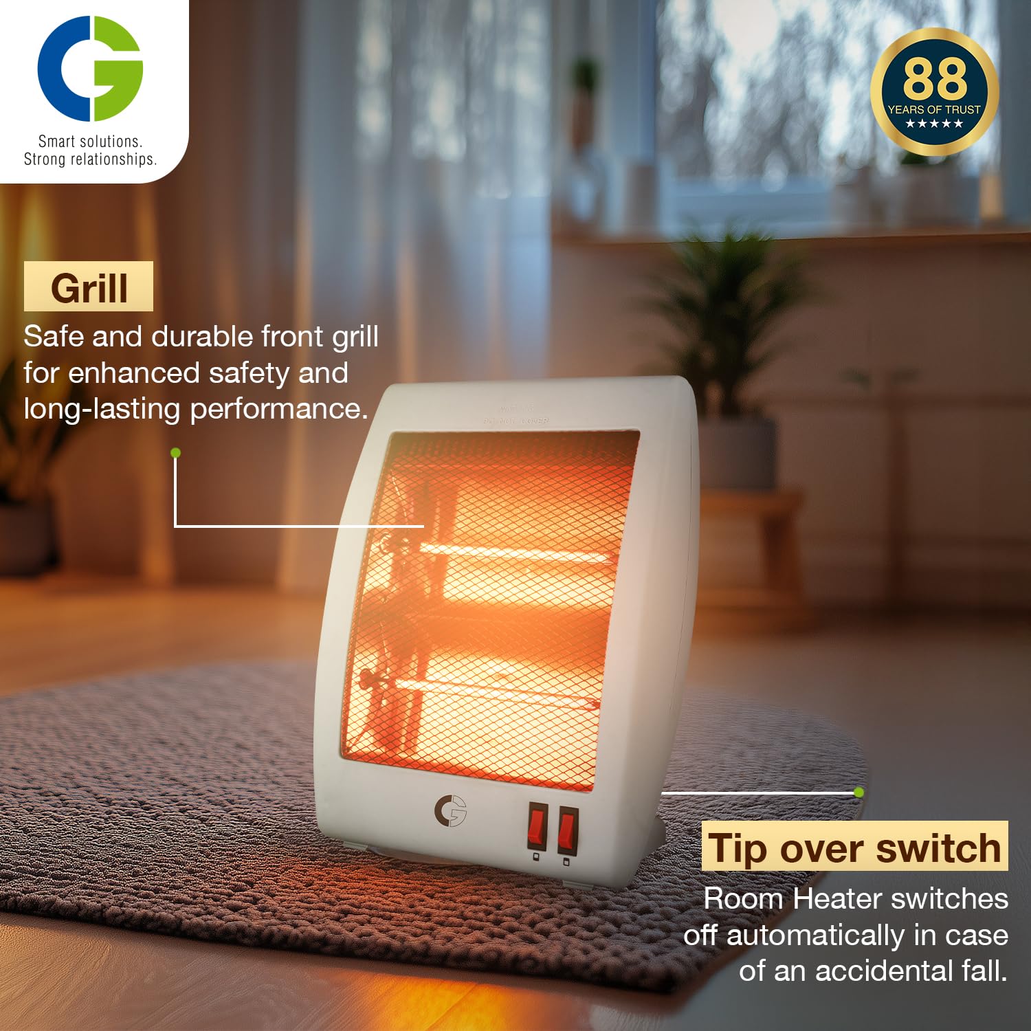 CG Revanta 2H 800W Halogen Room Heater | All New Red Halogen | 2 Heat Settings | Tip Over Safety Switch | Noiseless Operation | Ideal for Rooms up to 150 sqft | Grey