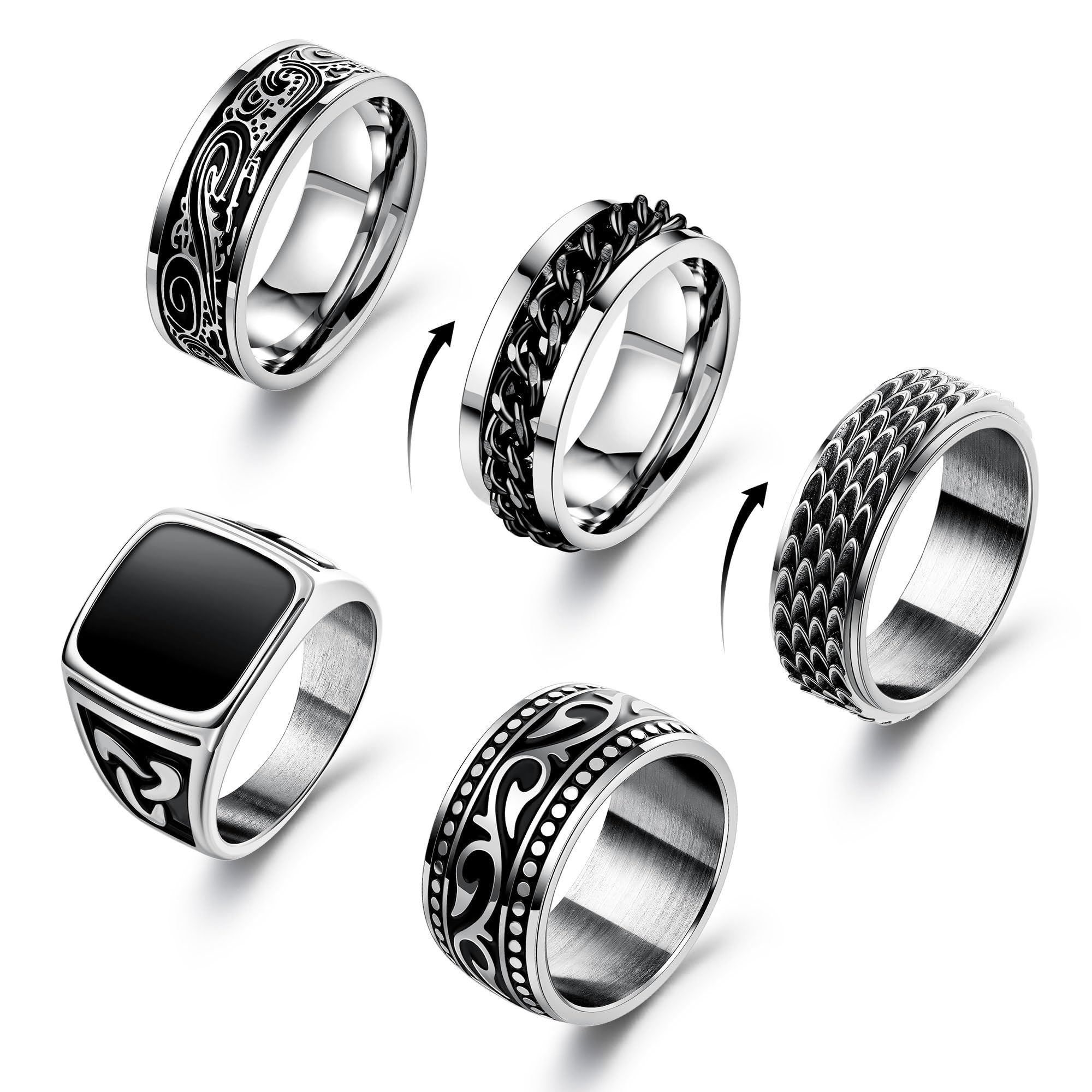 5 anillos de acero inoxidable para hombre, anillos de sello vintage, anillos anchos retro tallados celtas, anillos de plata de alto pulido, anillos giratorios punk, tallas 7-13, Acero