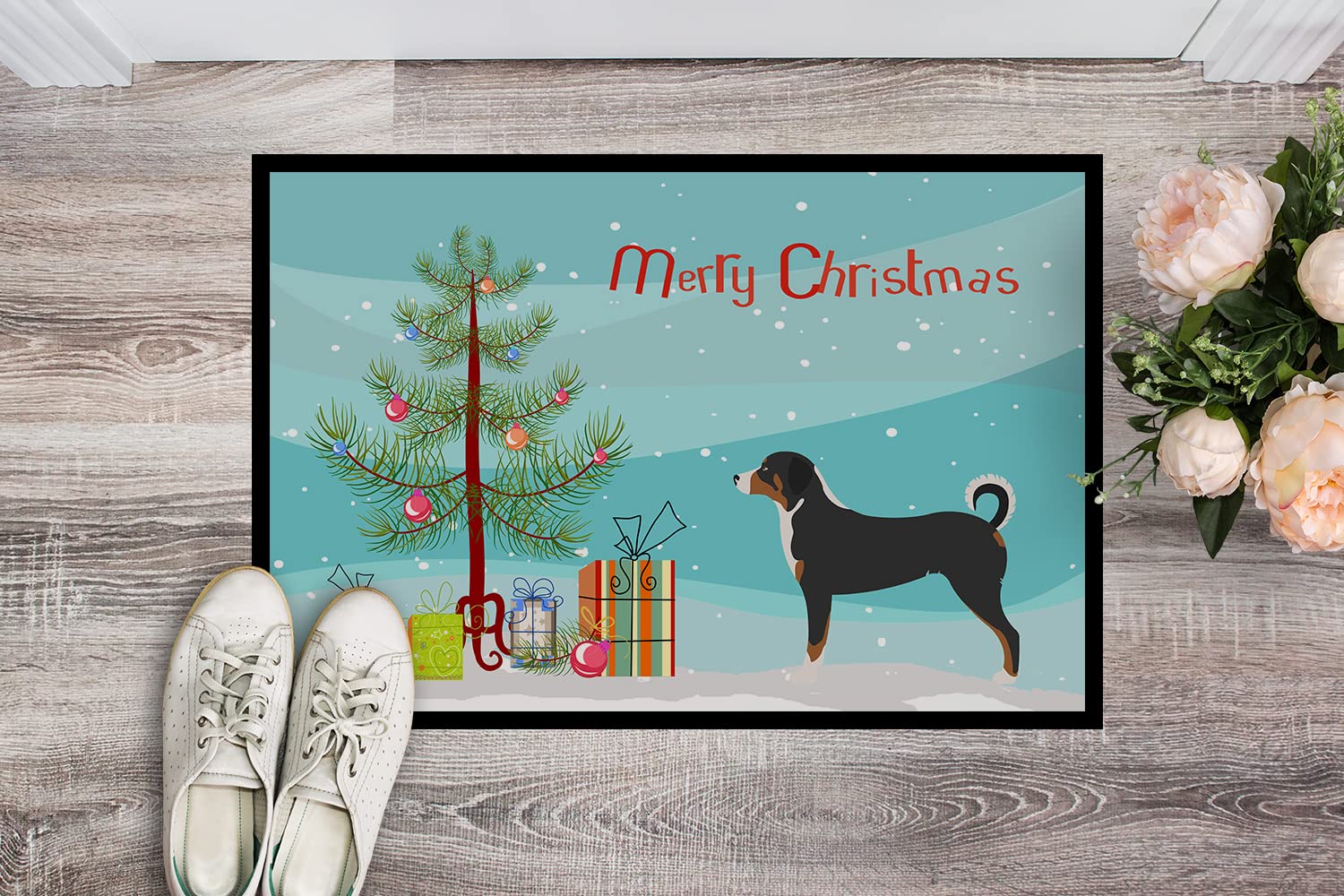 Caroline's Treasures BB8450MAT Appenzeller Sennenhund Christmas Doormat 18x27 Front Door Mat Indoor Outdoor Rugs for Entryway, Non Slip Washable Low Pile, 18H X 27W