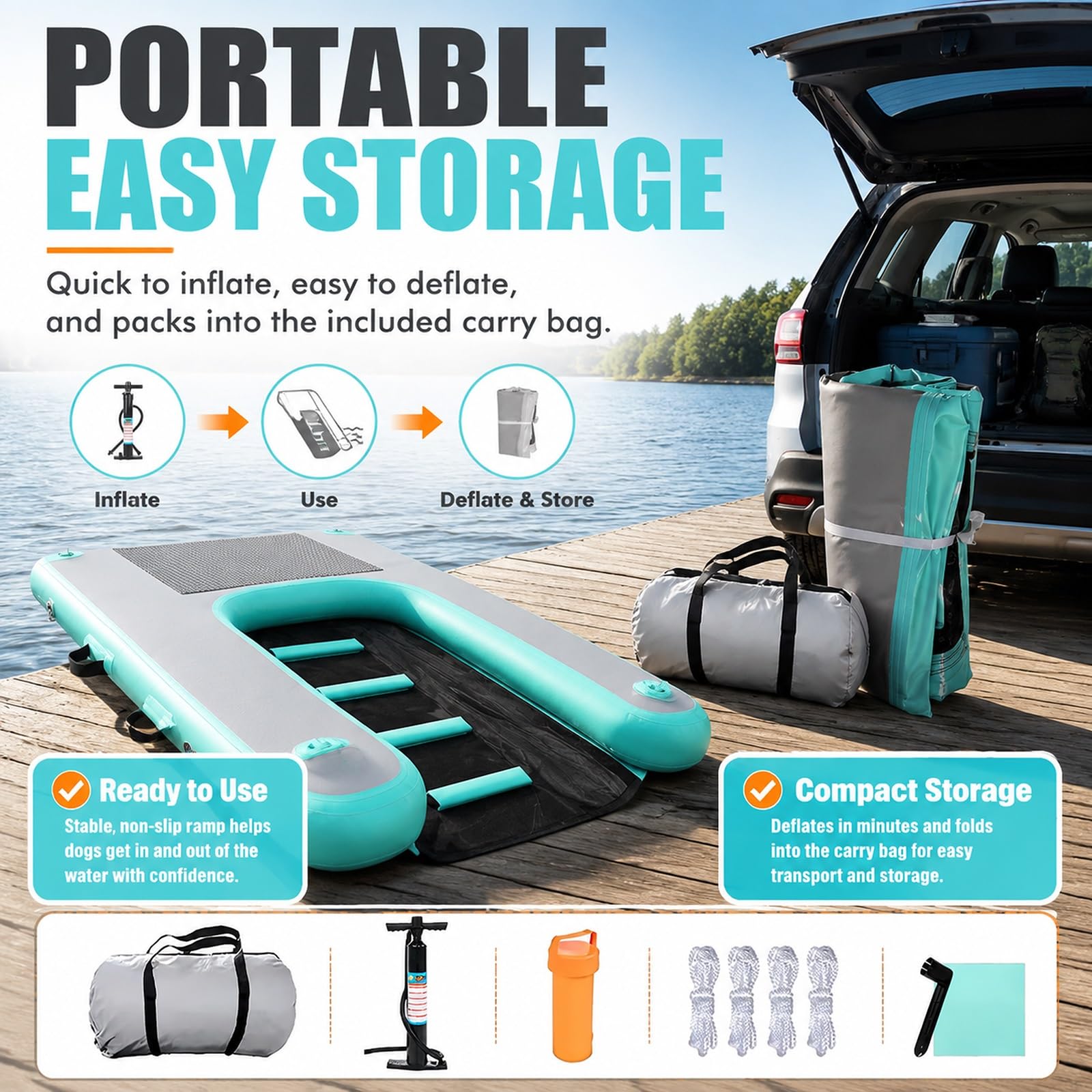 Rampa de Agua Para Perros Rampa Inflable Flotante Para Perros (escalera/rampa), Plataforma Portátil Tipo Escalera Para Piscinas, Muelles, Lagos, Barcos Y Playas; Apta Para(Blue,H 10cm(3 9/10"))
