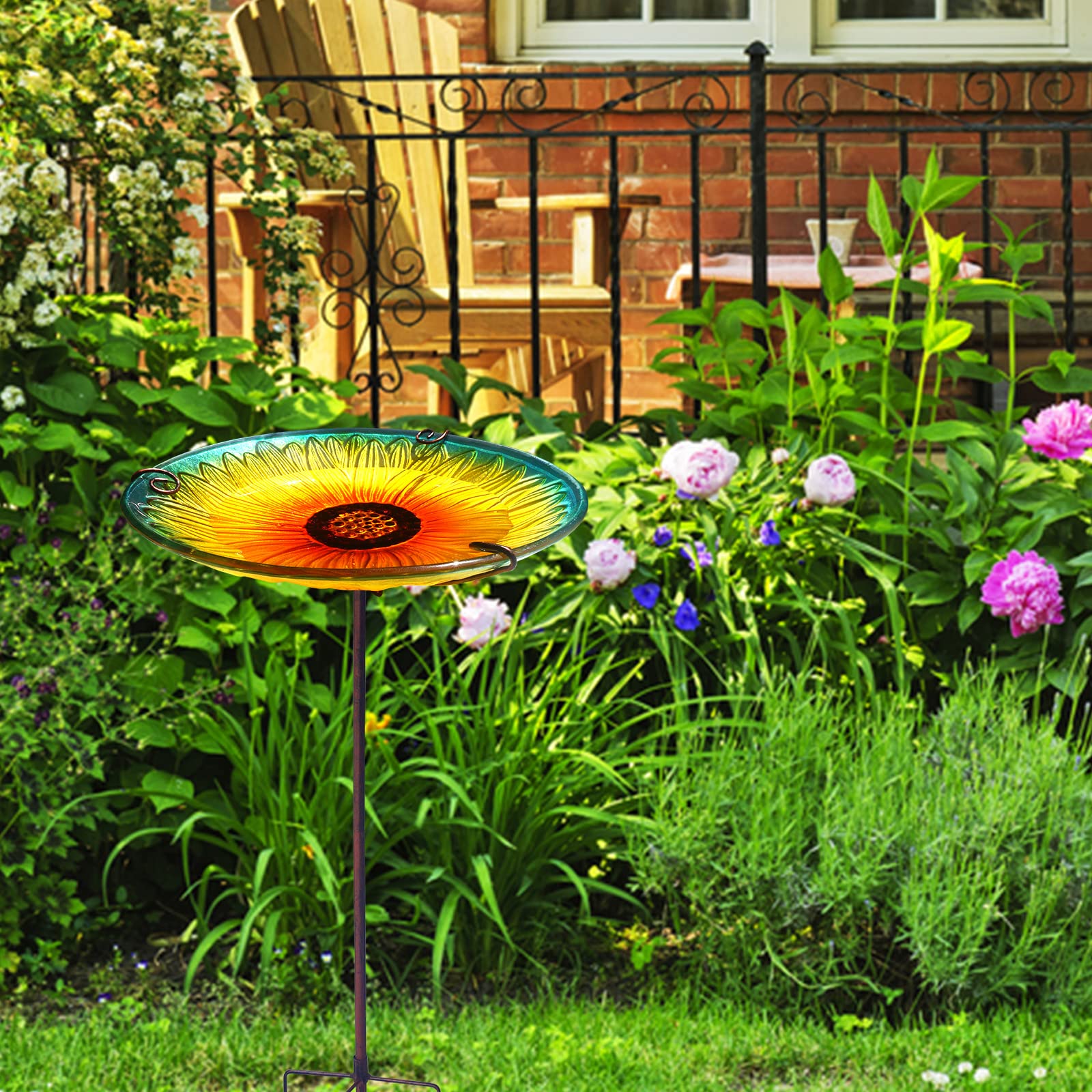 meetjoyancy Vogeltränke, Glas-Vogeltränke, Schale abnehmbar, Vogelfutterspender Schüssel mit Metallpfahl, stehende Vogeltränke für den Außenbereich, Garten, Sonnenblumengelb