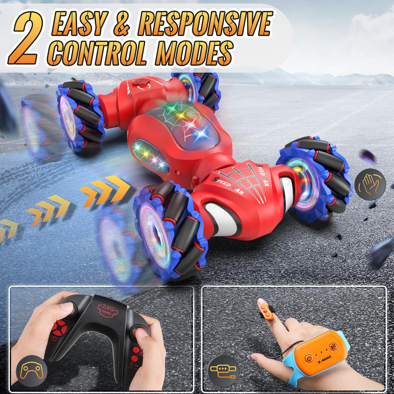 Pristar Macchina Telecomandata per Bambini 6-12 anni Auto Telecomandata con controllo manuale Regalo per ragazzi Regalo per ragazze Giocattolo 4WD 2,4 GHz RC Auto Stunt Car con spruzzatore di luce LED