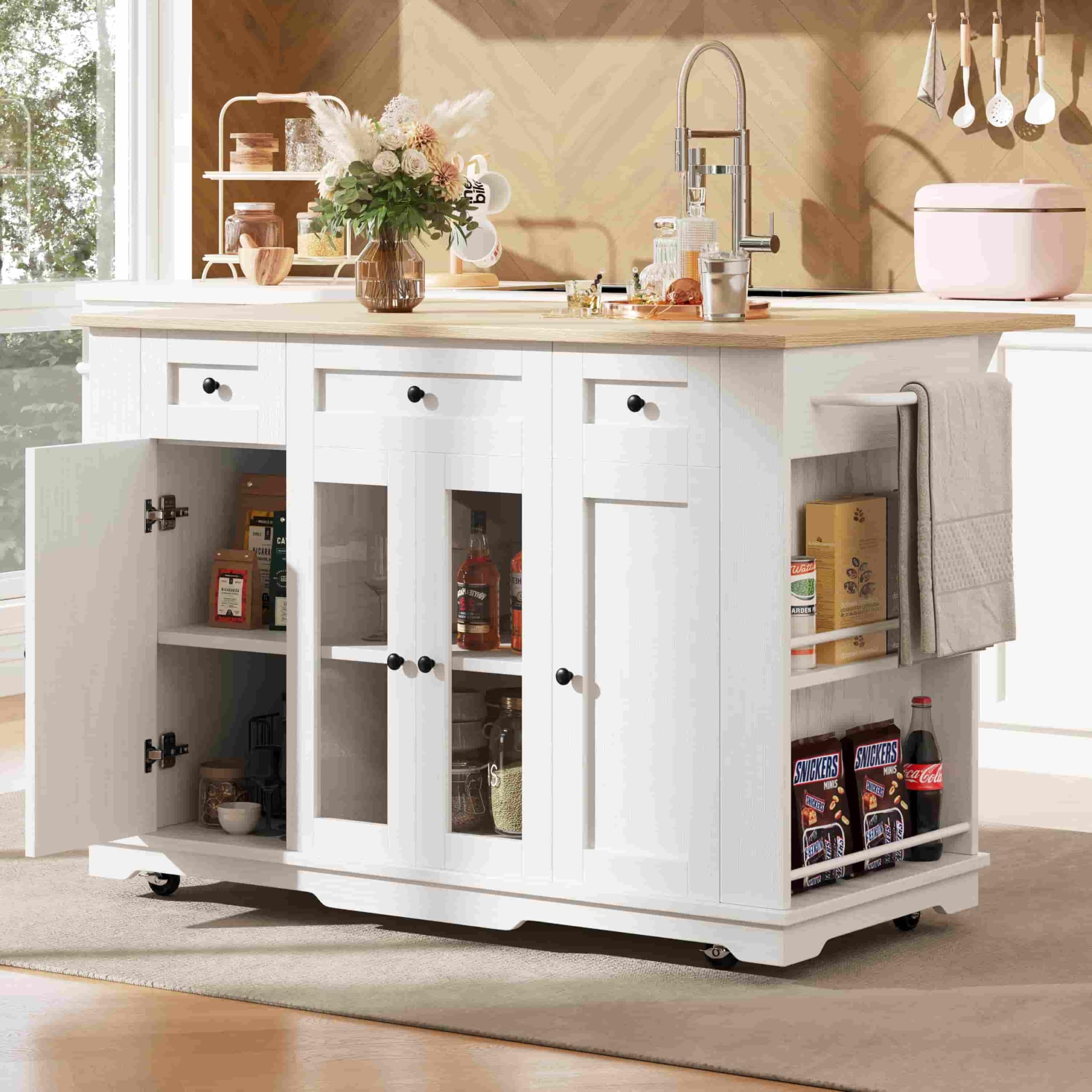 Sweiko Meuble de Cuisine Multifonction avec Tiroirs, Armoire de Rangement Design Contemporain, Table Pliante en Bois Densité, Buffet de Rangement pour Cuisine et Salon (Blanc+Bois)