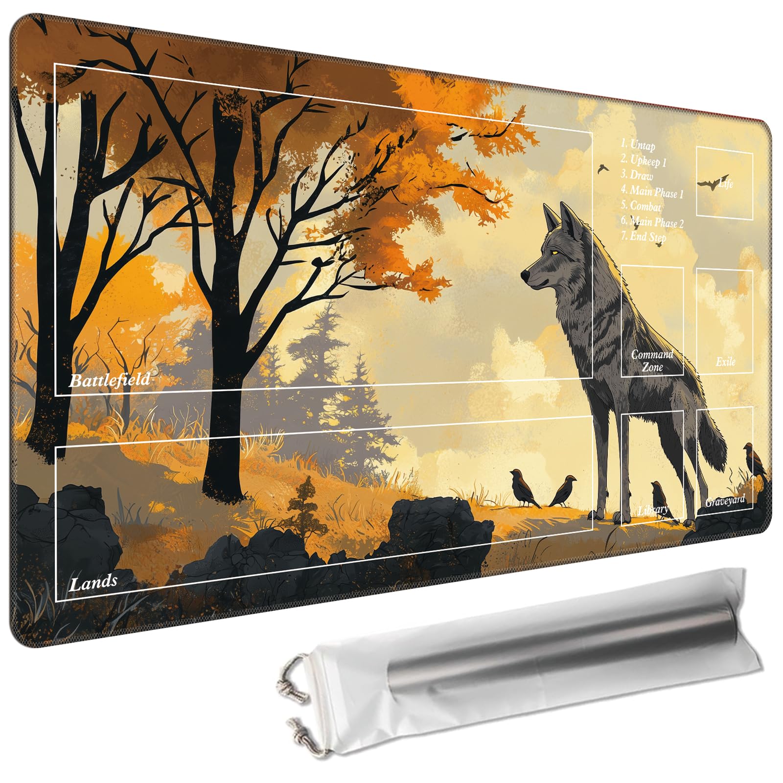 Cdkfxjy Playmats with Magic Zone 27.5 x 15.7in(TCG MTG,Free Storage Bags,Waterproof Non-Slip Rubber Backing,Stitched Edges,Suitable for Beginner)-Lonely Wolf