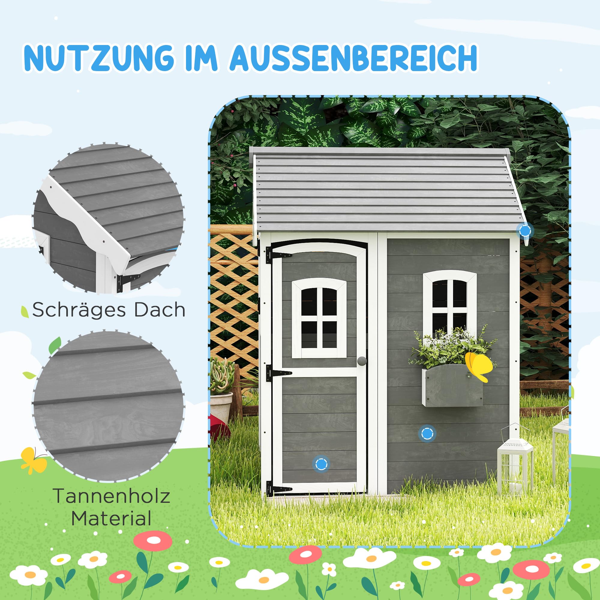 Outsunny Kinderspielhaus aus Holz mit Tür, Fenster, Gartenhaus Pflanzkasten für Kinder 3-8 Jahre