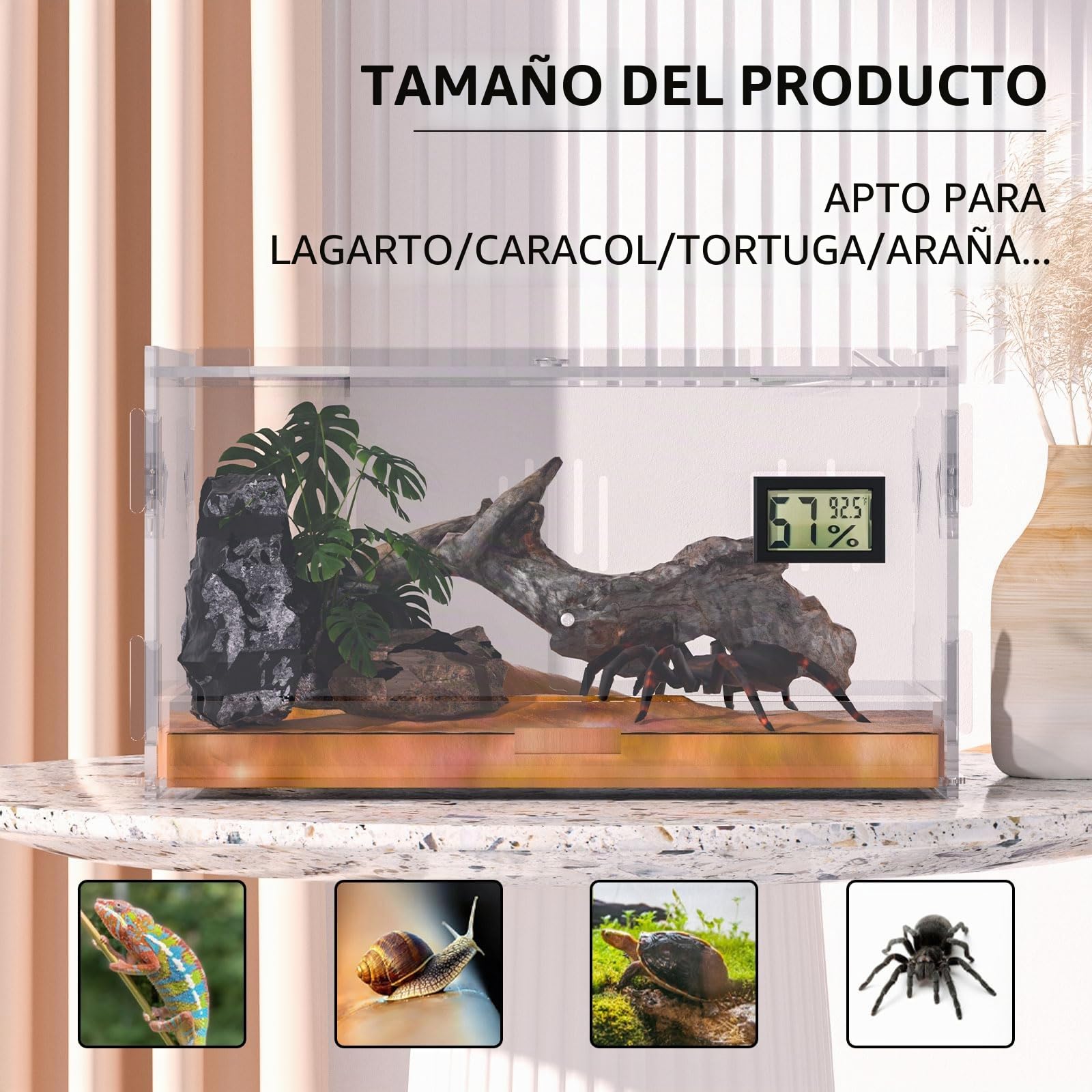 Terrario de Reptiles con Higrómetro de Temperatura, 40x25x18cm Caja de Reproducción, Tanque de Jaula para Insectos Pequeños en Casa y Oficina
