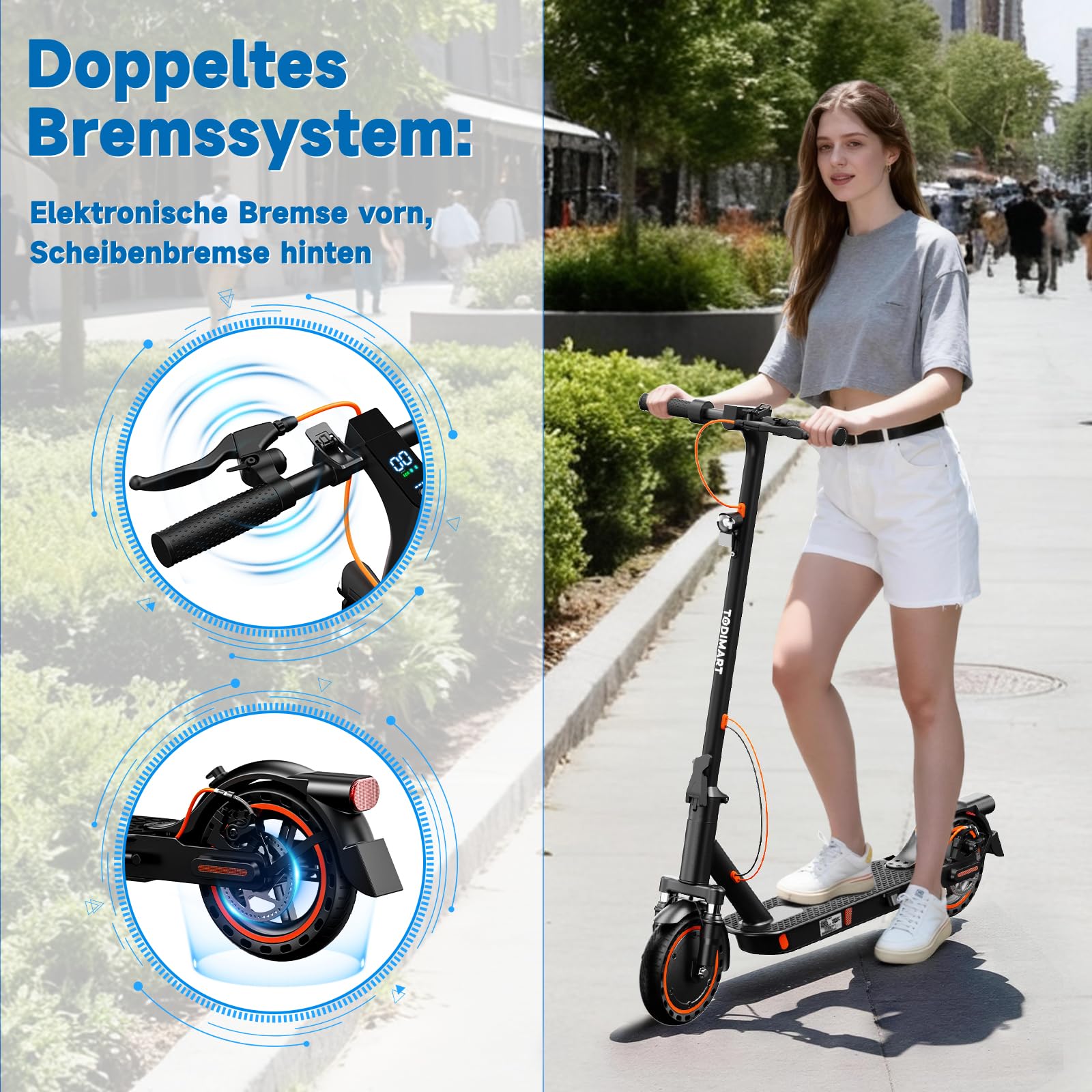 TODIMART E Scooter mit Straßenzulassung T6 DE Mit App, 35KM Reichweite, E Roller mit Doppelbremsen und Doppelfederungssystem, 120kg Tragkraft, Faltbarer Elektroscooter, 8,5 Fuß große Vollgummireifen