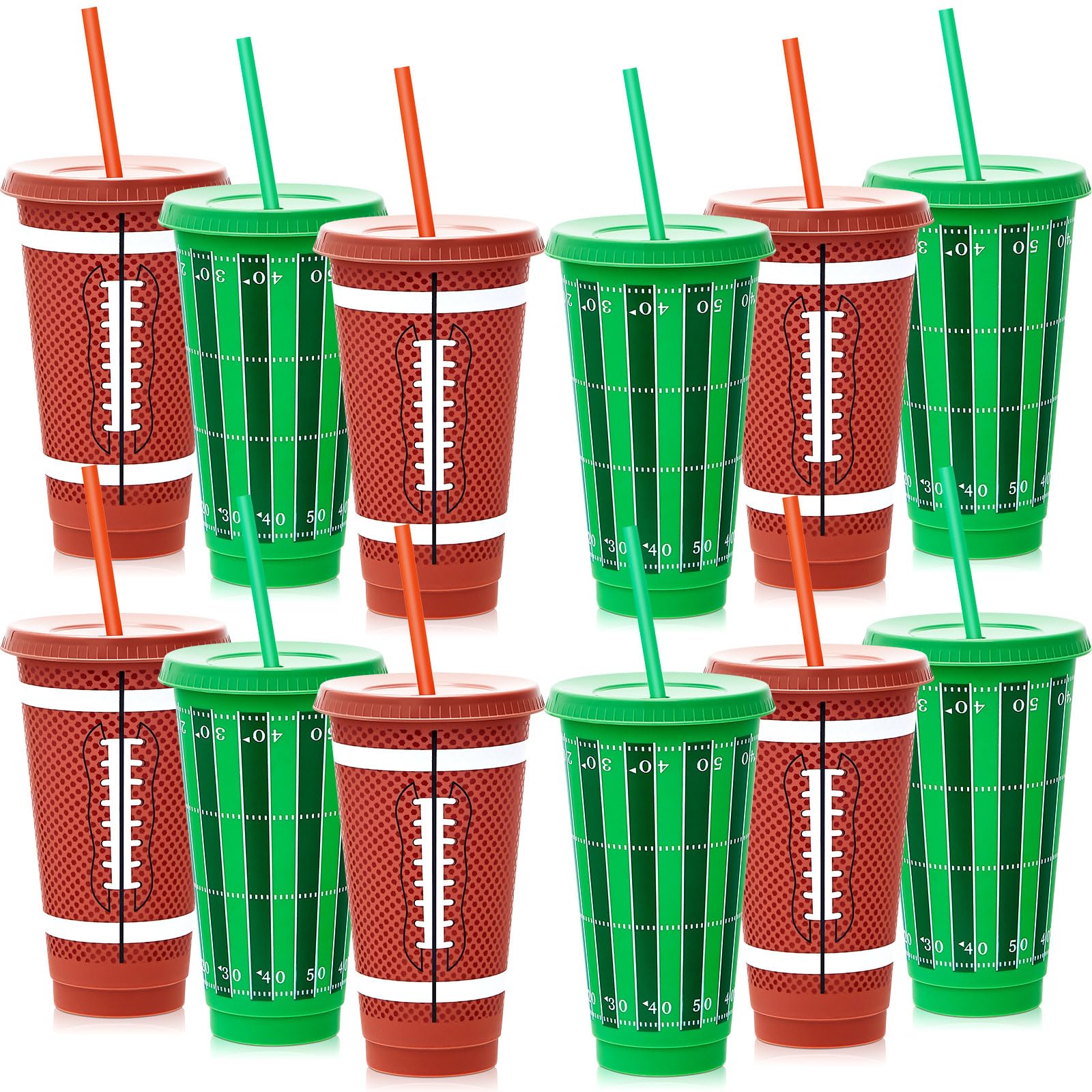 Uiifan 12 Pcs 24oz Football Cups with Lid and Straw Football Party Favors Plastic Reusable Tumbler for Sport Birthday Party Decoration