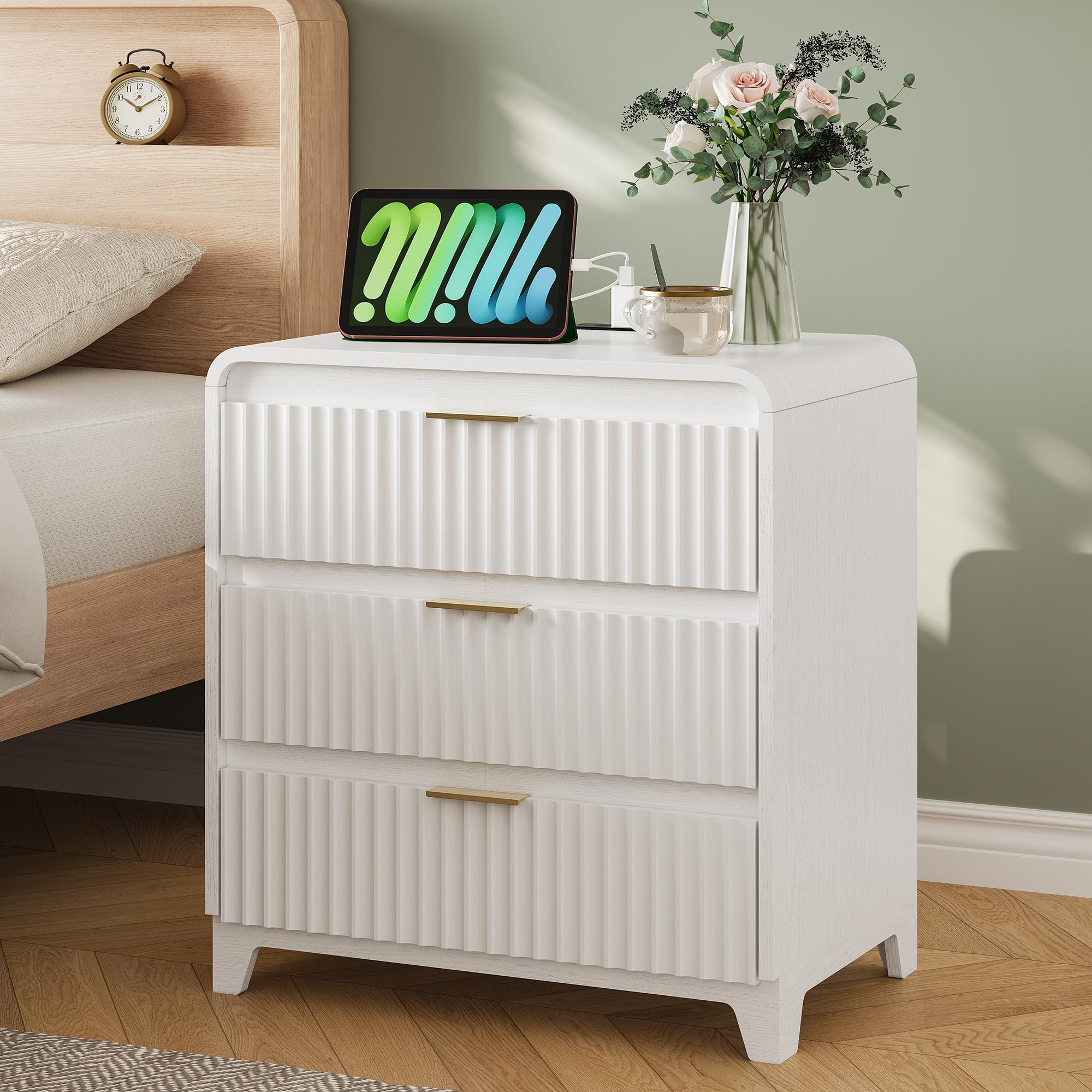 White Nightstand with Charging Station, 24" Wide Modern Fluted Wood Night Stand with 3 Drawers Storage, Wide End Table, Bedside for Bedroom, White