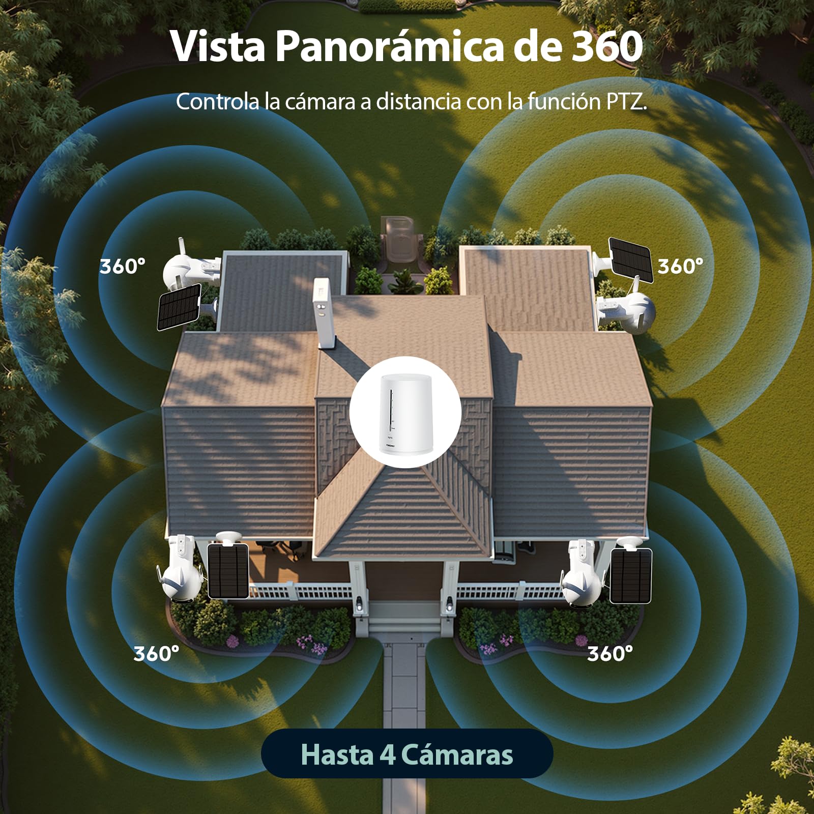 2K/4MP Kit de Camaras Vigilancia WiFi Exterior Solar - 2 Cámaras+Base | 360° PTZ | 2.4/5GHz WiFi | 64 GB Almacenamiento Local, Visión Nocturna, PIR Detección, 4LED, Sin Costo Mensual