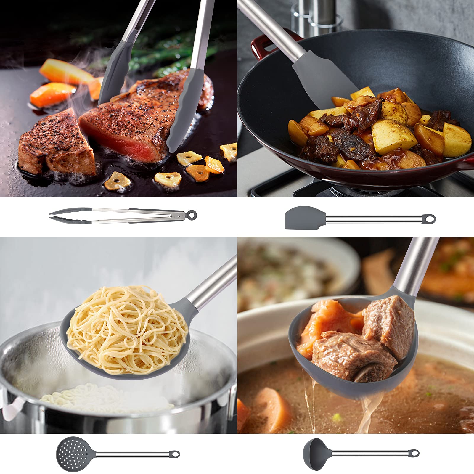 Fashionwu Juego de utensilios de cocina, 13 piezas, utensilios de cocina de silicona antiadherente resistente al calor, asas de acero inoxidable, incluye pinzas, espátulas, cucharas y más, color gris