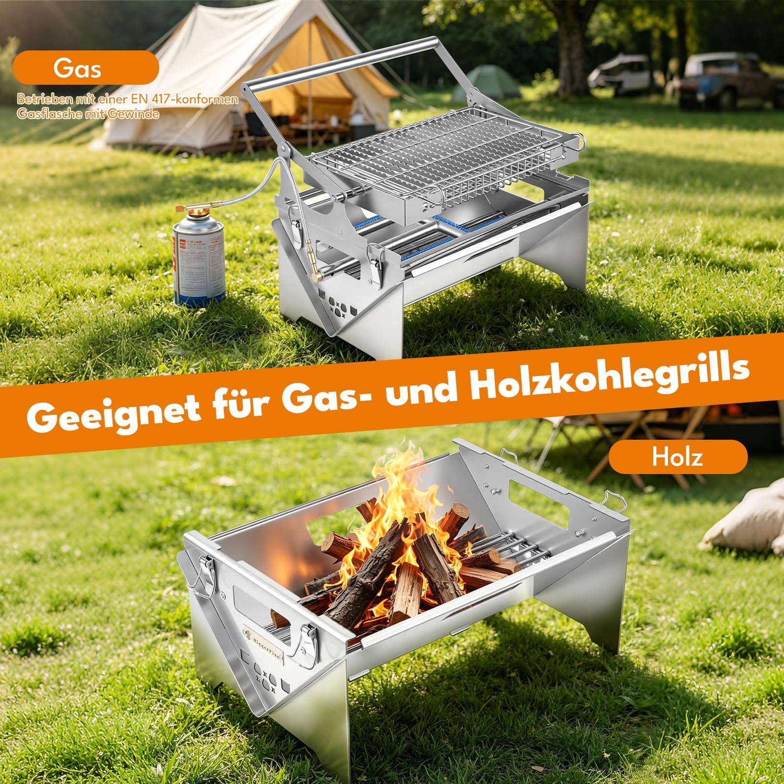 parrilla barbacoa de gas, 2 en 1 portátil barbacoa carbon de gas carbon y leña con rejilla reversible, parrilla pescado de acero inoxidable para camping, plegable para balcón, rejilla girat