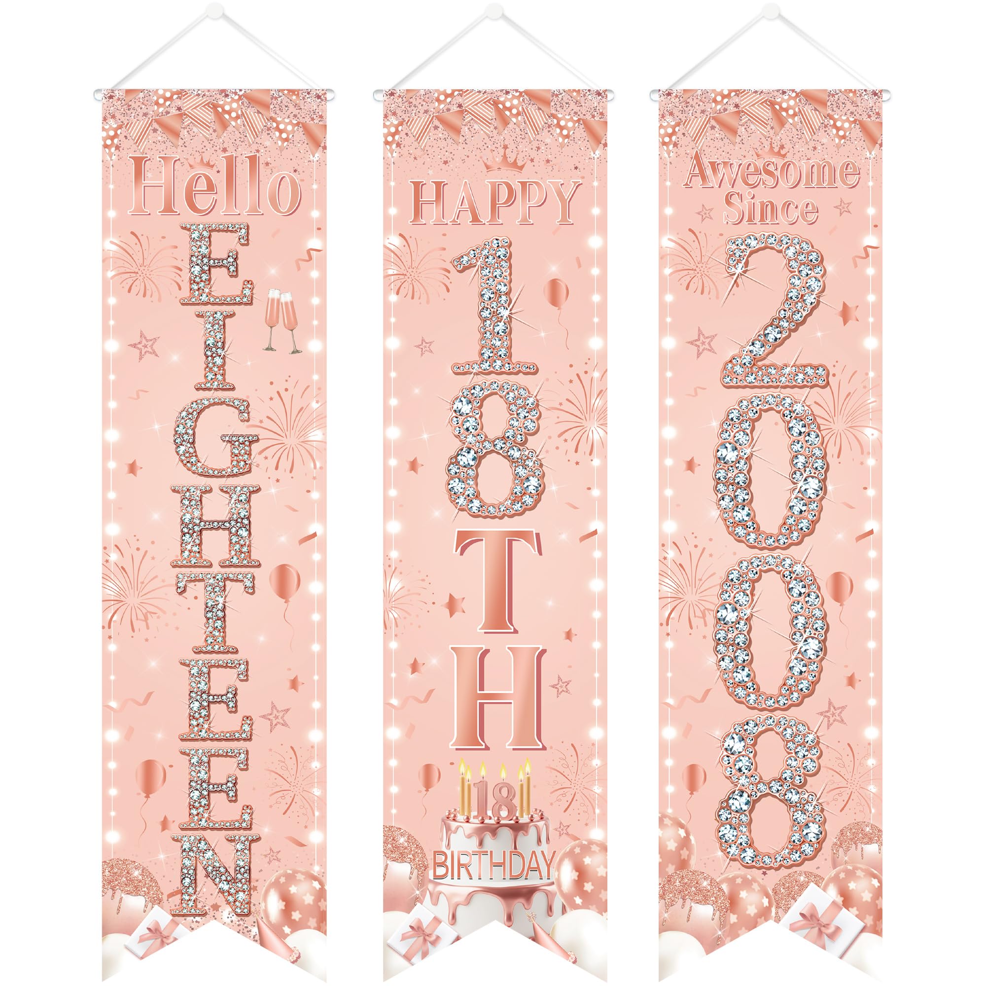 18th Birthday Door Banner Decorations - Rose Gold Hello Eighteen Porch Signs 3.9x0.9ft, 3Pcs Cheers to 18 Years Awesome Since 2008 Hanging Banners for 18th Birthday Party Decor