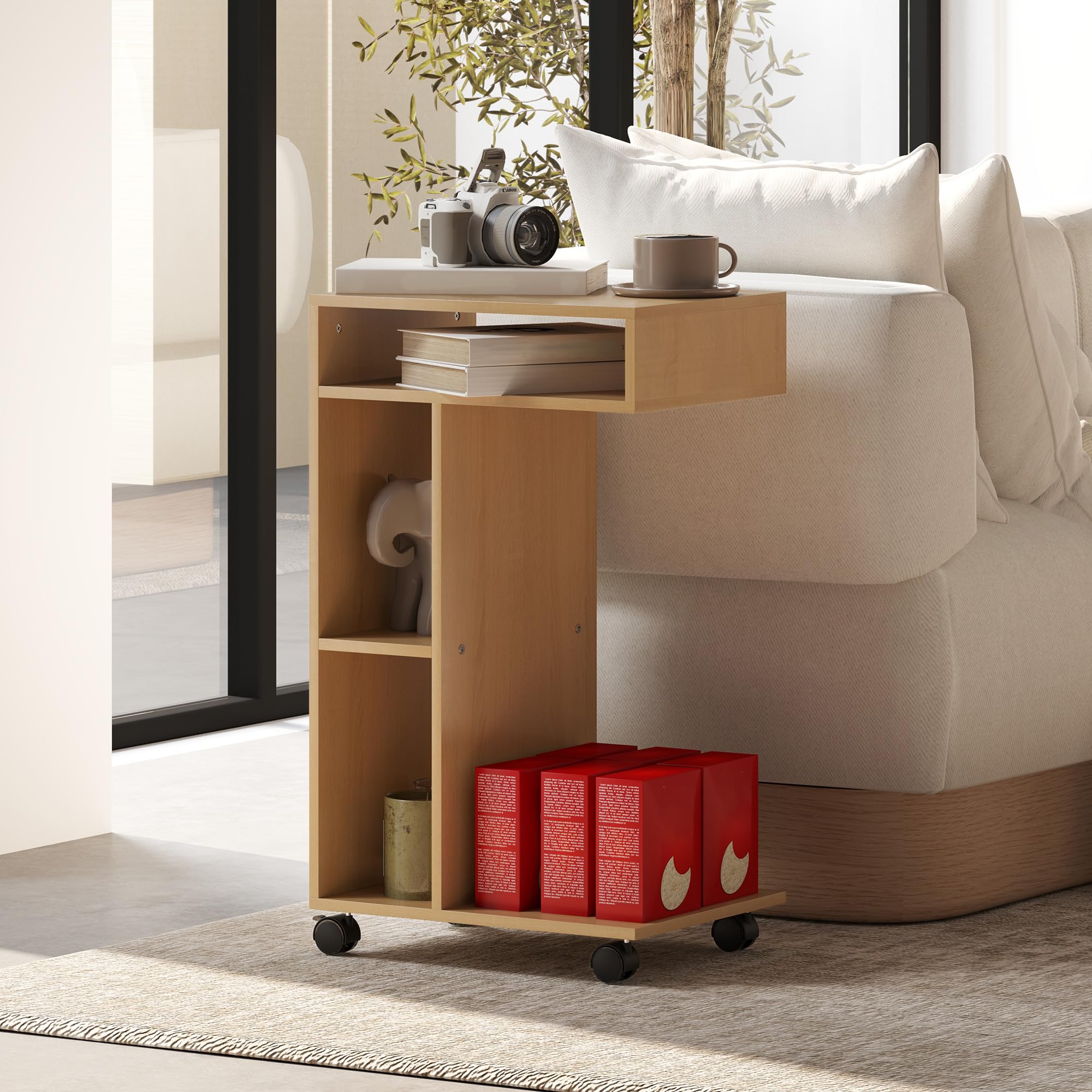 HOMCOM Tavolino multifunzionale a forma di C 40x30x69 cm rovere