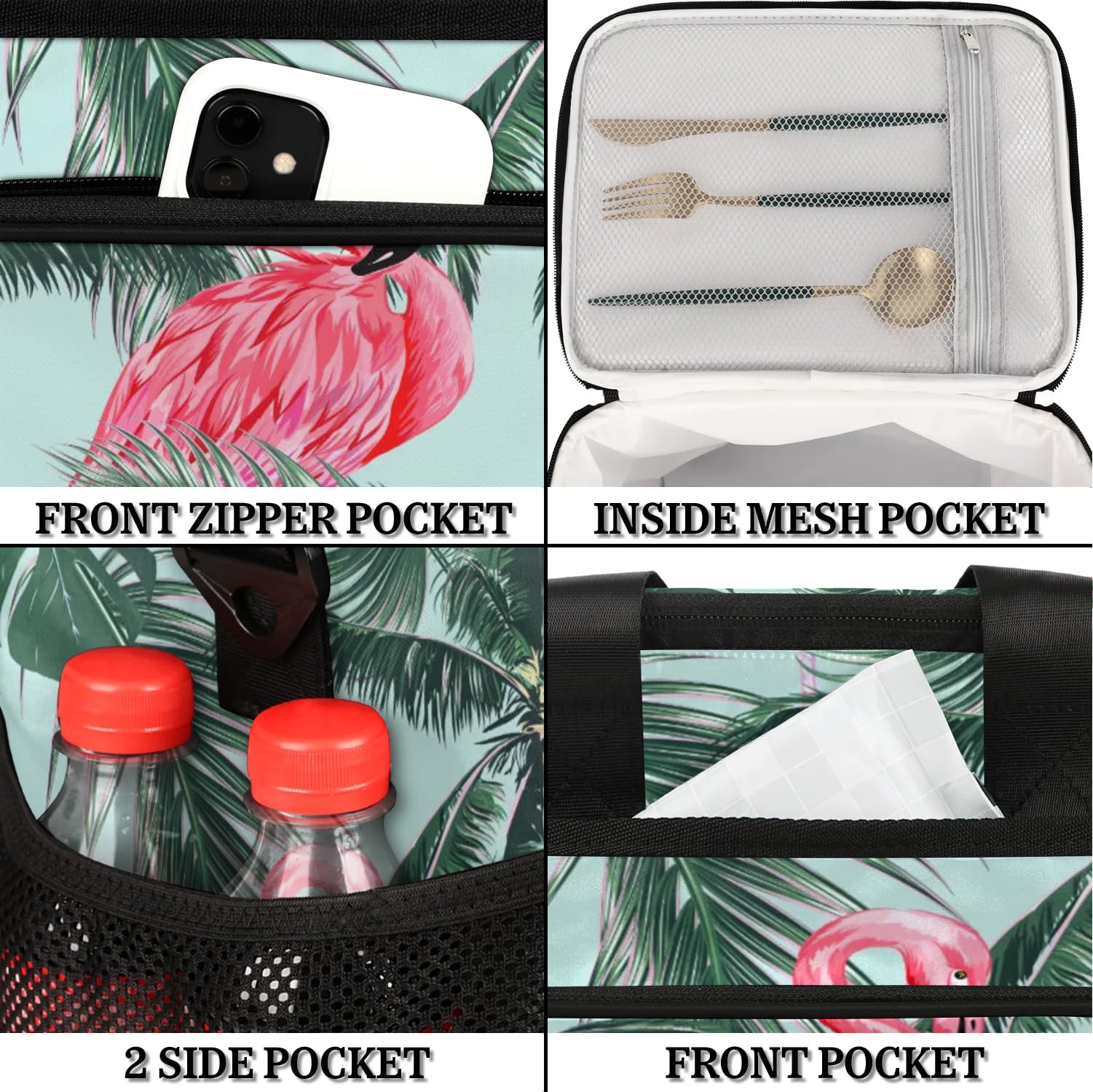 Große Lunchtasche mit Flamingo-Palmenblättern, für Erwachsene, Herren, Damen, Kinder, Mädchen, Jungen, Flamingos, isolierte Lunchbox, Kühltasche, Kühltasche, Kühltasche, Kühltasche für Arbeit,