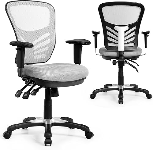 COSTWAY Silla de oficina de malla, respaldo medio, ajustable, giratoria, ejecutiva, con reposabrazos abatibles, soporte lumbar y respaldo mecedor,