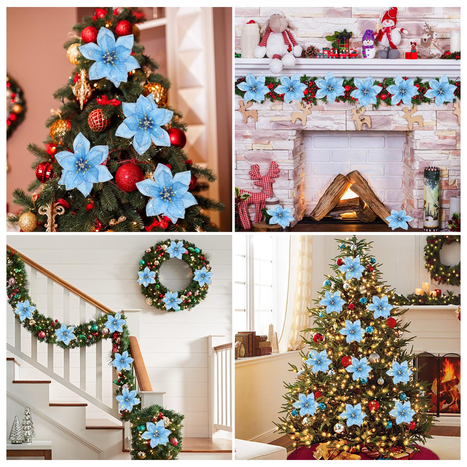 Yueshop 10pcs Christmas Glitter Poinsettia Flowers Ornament Christmas Tree Wreath Decoration Artificial Wreath Flowers for Xmas Tree Ornaments Decor (Blue) - Image 4