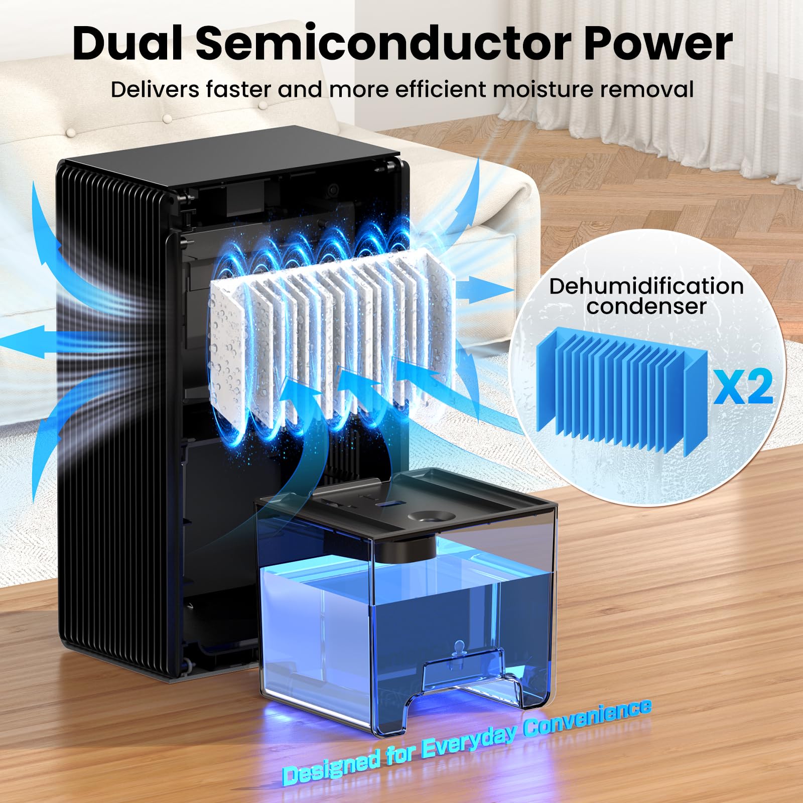 Dehumidifier, 1000 sq.ft Quiet Dehumidifiers for Home Bedroom Bathroom Basement with 95oz Water Tank, Sleep Mode, Auto Shut-Off 7 Colors LED Light, Black - 3