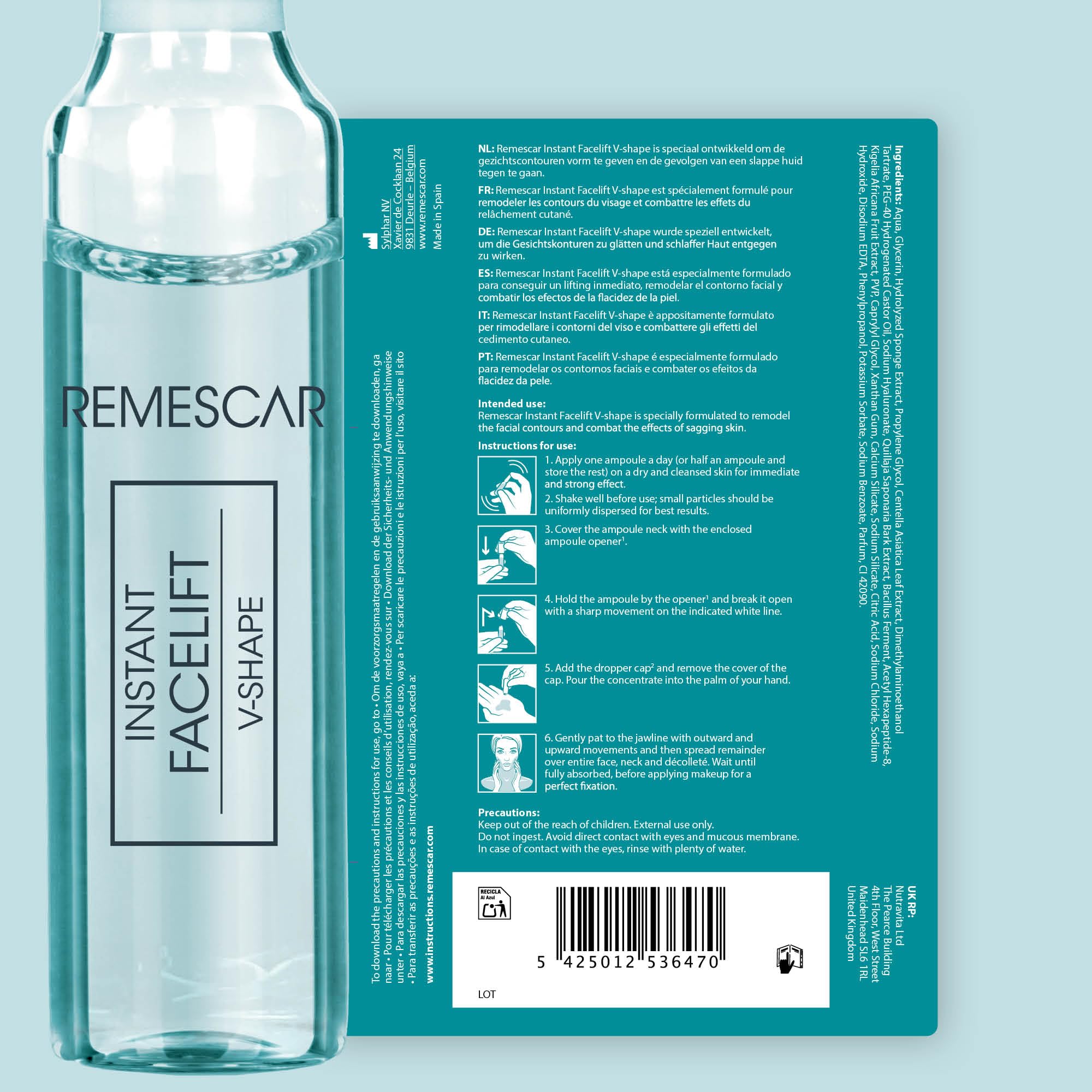 Remescar Instant Facelift V-Form 5 fiale | Siero Microneedling per rassodare la pelle, booster al collagene contro le rughe per contorni del viso definiti