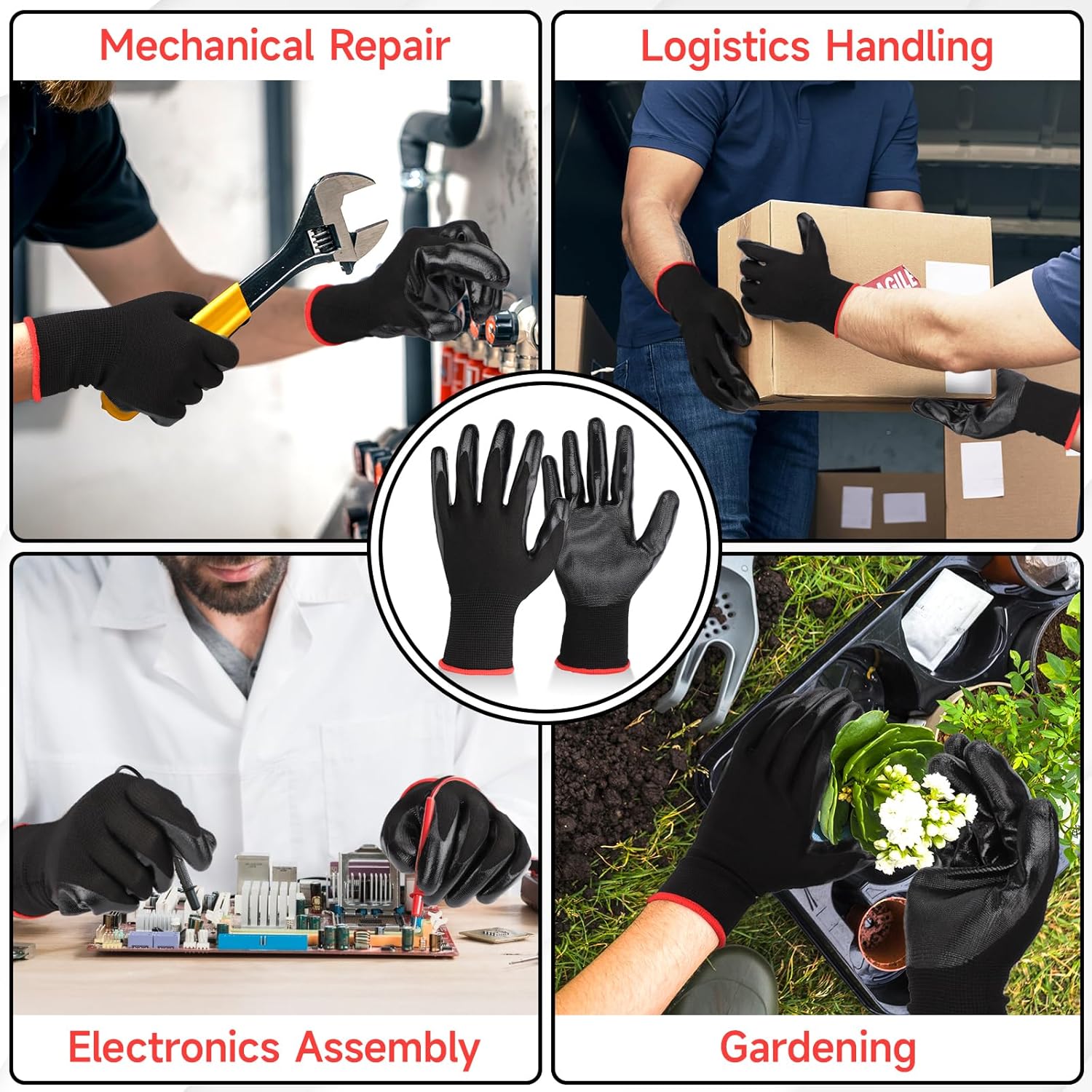Black Nitrile Coated Work Gloves - 12 Pairs Black Nitrile Heavy Duty Work Gloves for Men & Women, Reusable Firm Grip Mechanic Gloves for Men Work, Gardening, Construction Tools, Medium