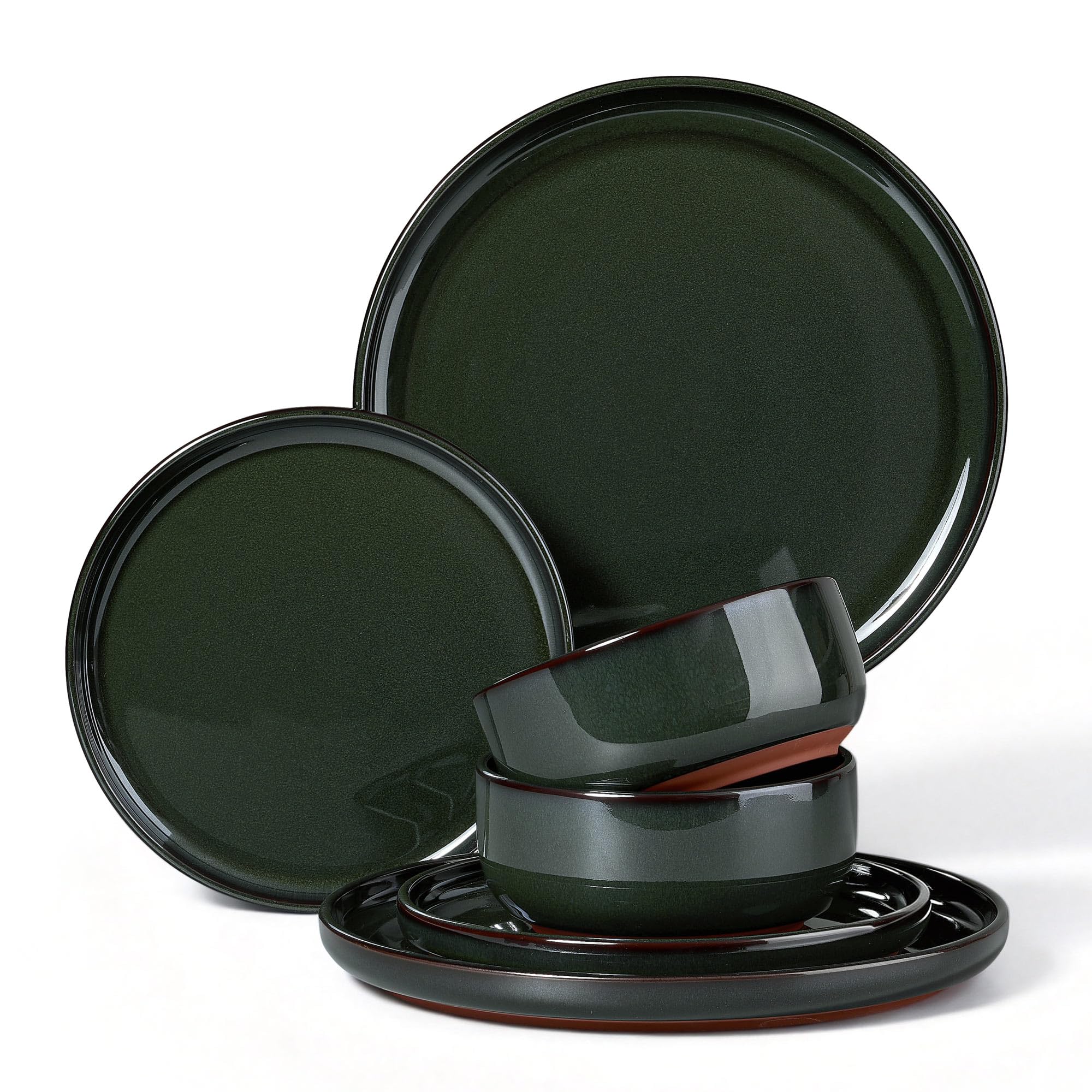HaWare 6 Piece Dinner Set, Stoneware Dinnerware Set for 2, Reactive Glaze Dining Ware Plates and Bowls Set with Rustic Terracotta Base, Scratch Resistant, Microwave & Dishwasher Safe, Blackish Green