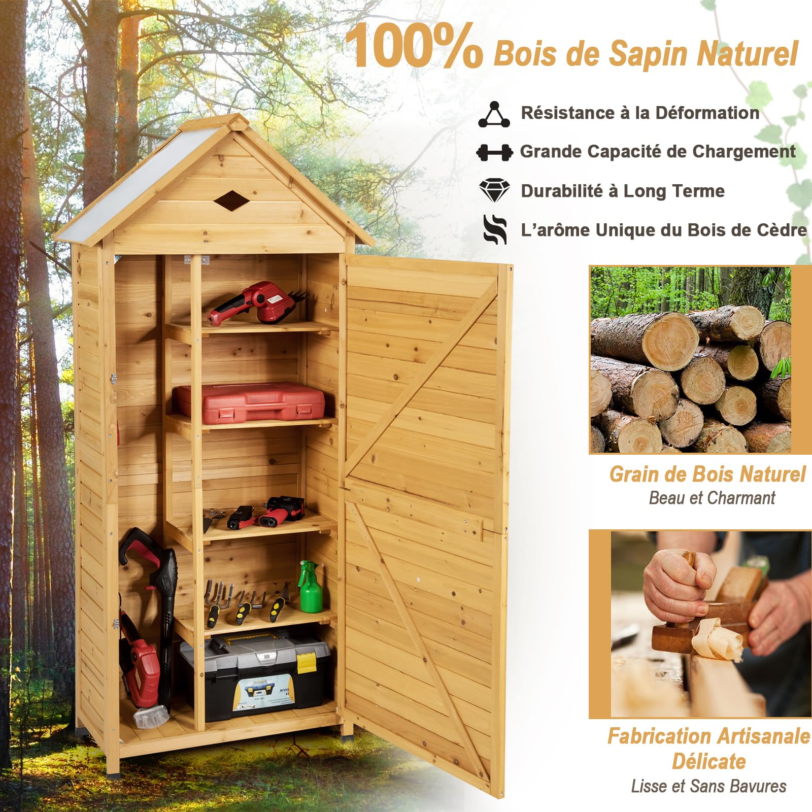 GOPLUS Abri de Jardin en Bois de Sapin 5 Étagère avec Porte Verrouillable, 70 x 45 x 160 CM, Cabane de Jardin Extérieur pour Outils, Toit Galvanisée Imperméable, Pieds Surélevé pour Terrasse, Naturel