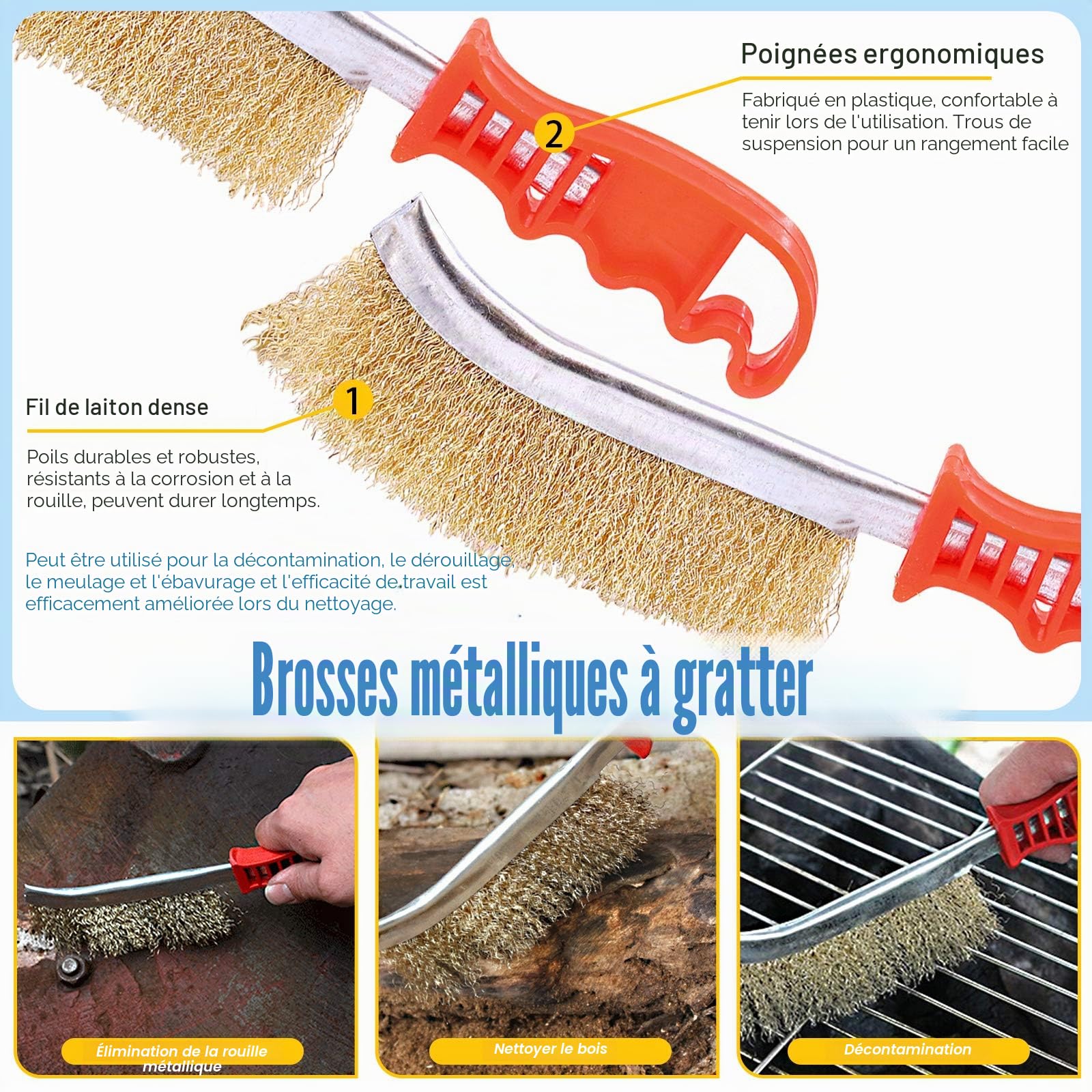 Glarks Ensemble de 9 brosses à roue métallique, brosse à roue métallique à revêtement en laiton avec tige de 6 mm pour l'élimination de la rouille de fer, la corrosion et le ponçage des surfaces