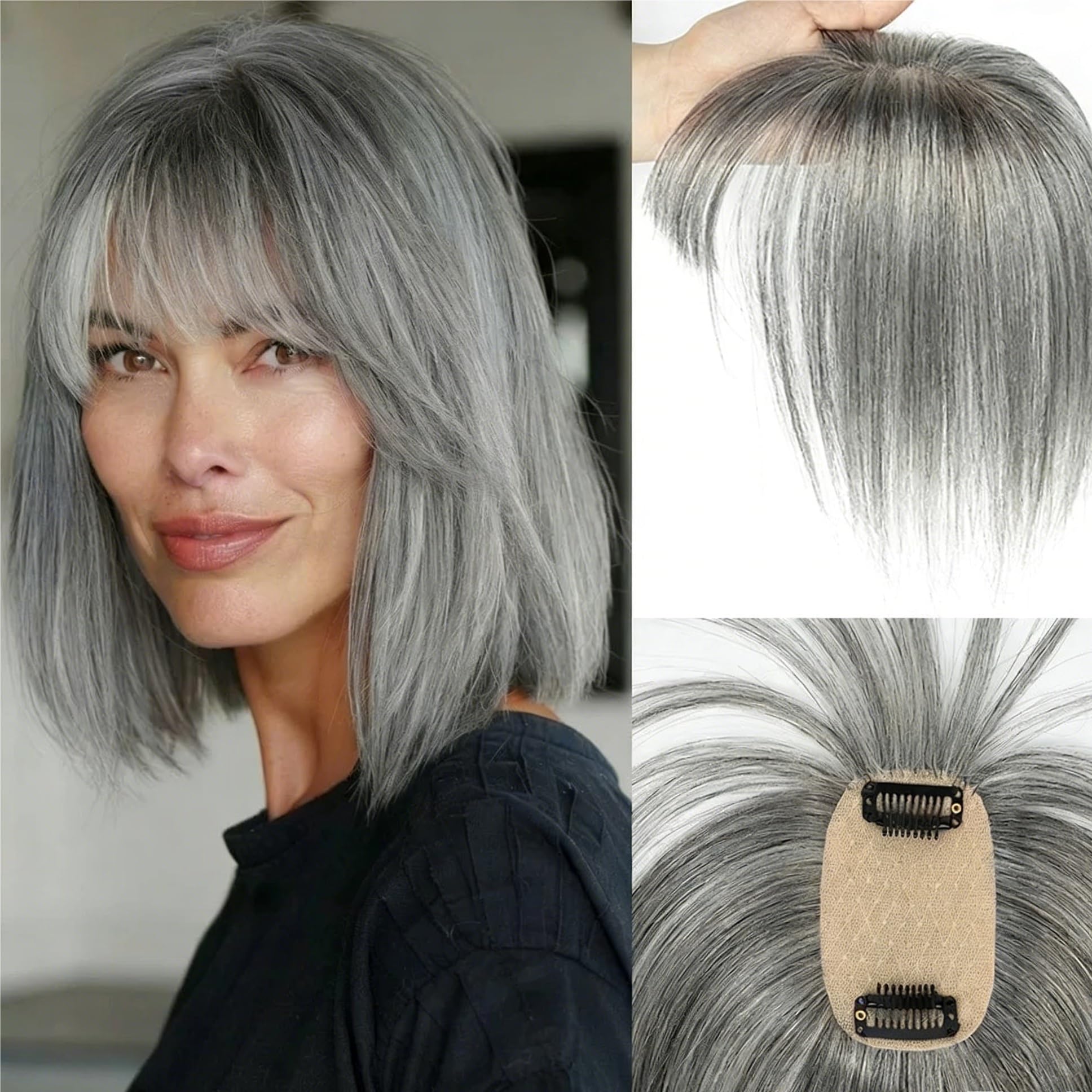 Topper para el pelo de 5 x 9 cm con flequillo, pinza para el pelo marrón y con puntos destacados para mujer (10 inches 25 cm, Light Blonde)