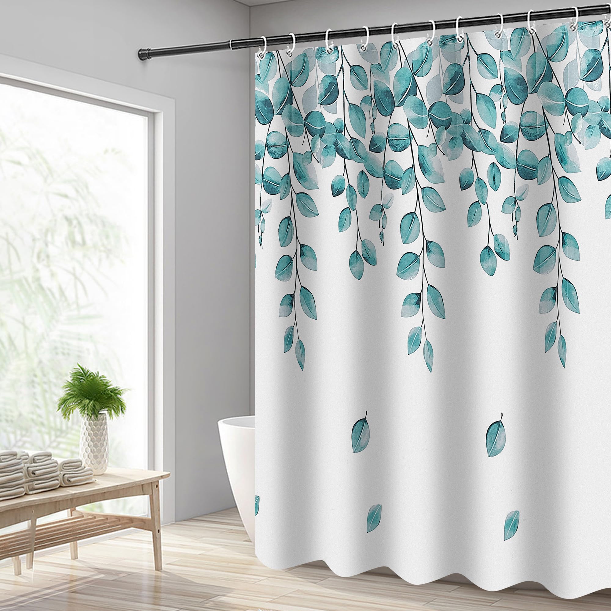 Hoomtaook Cortina de Ducha 240x200cm, Cortina Ducha Impermeable Poliéster Lavable con 12 x Ganchos, Cortina Baño con Dobladillo Ponderado, Hojas Verde